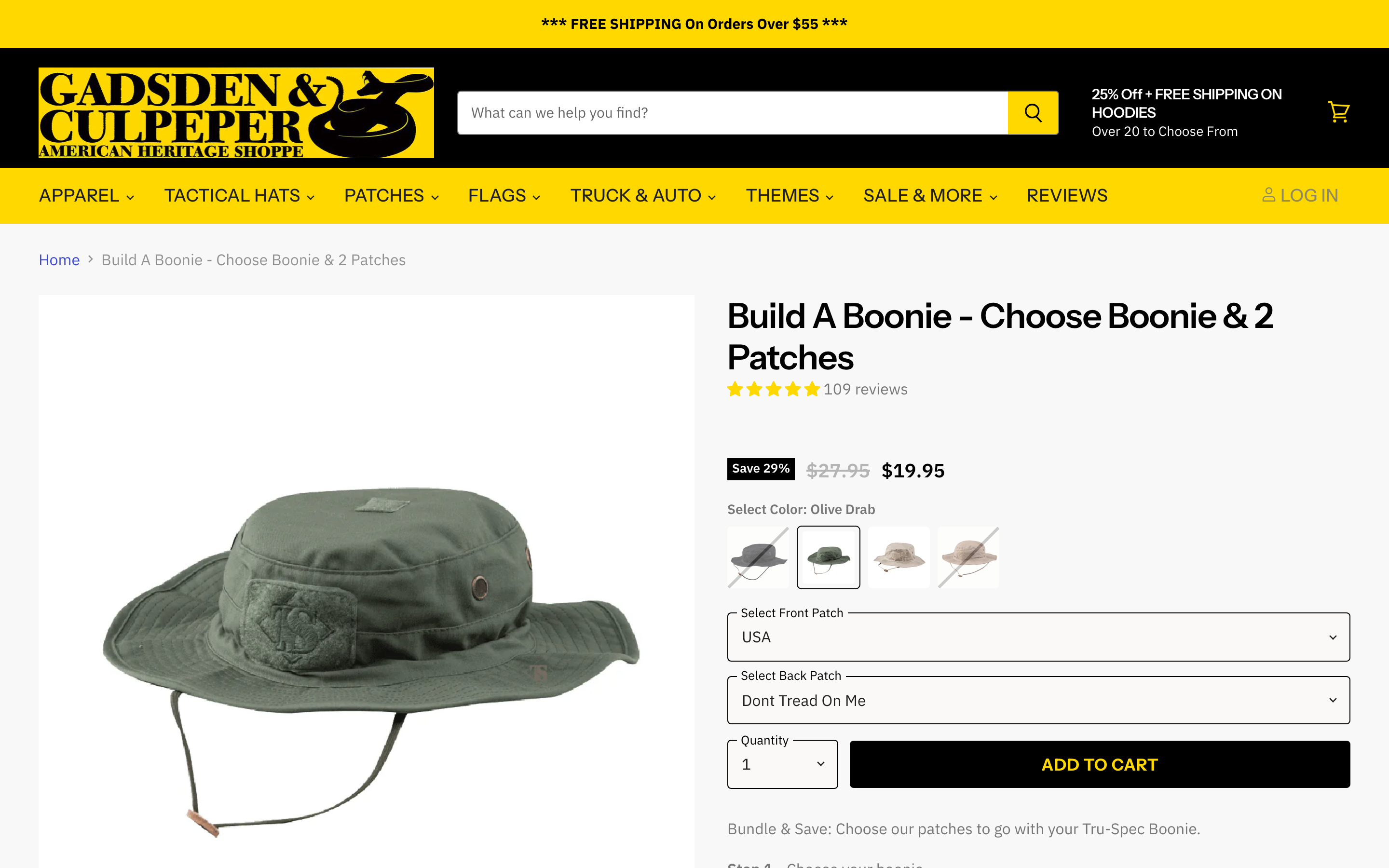 Gadsden And Culpeper product page screenshot showing custom patch offerings
