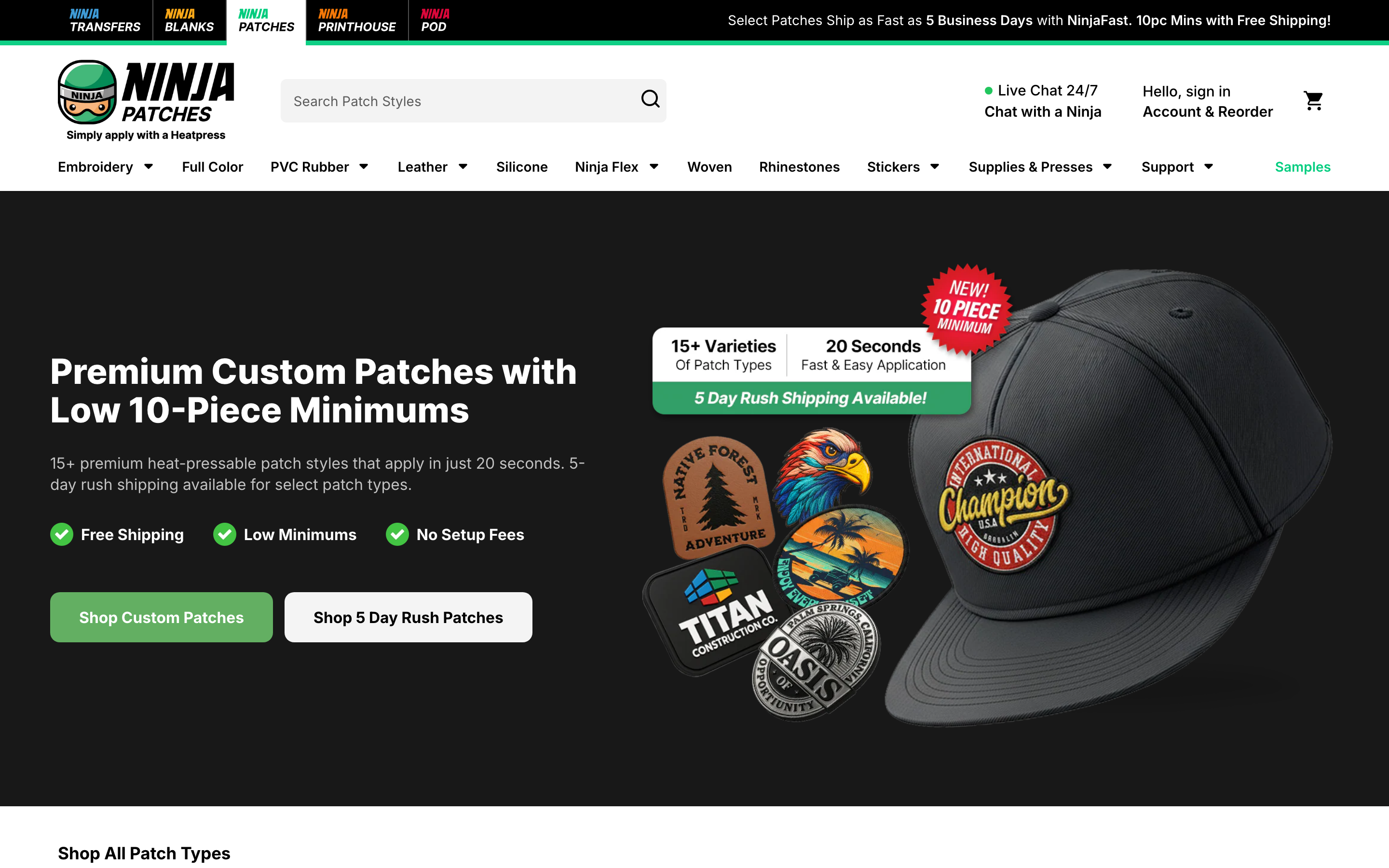 Ninja Patches homepage screenshot showing custom patch offerings