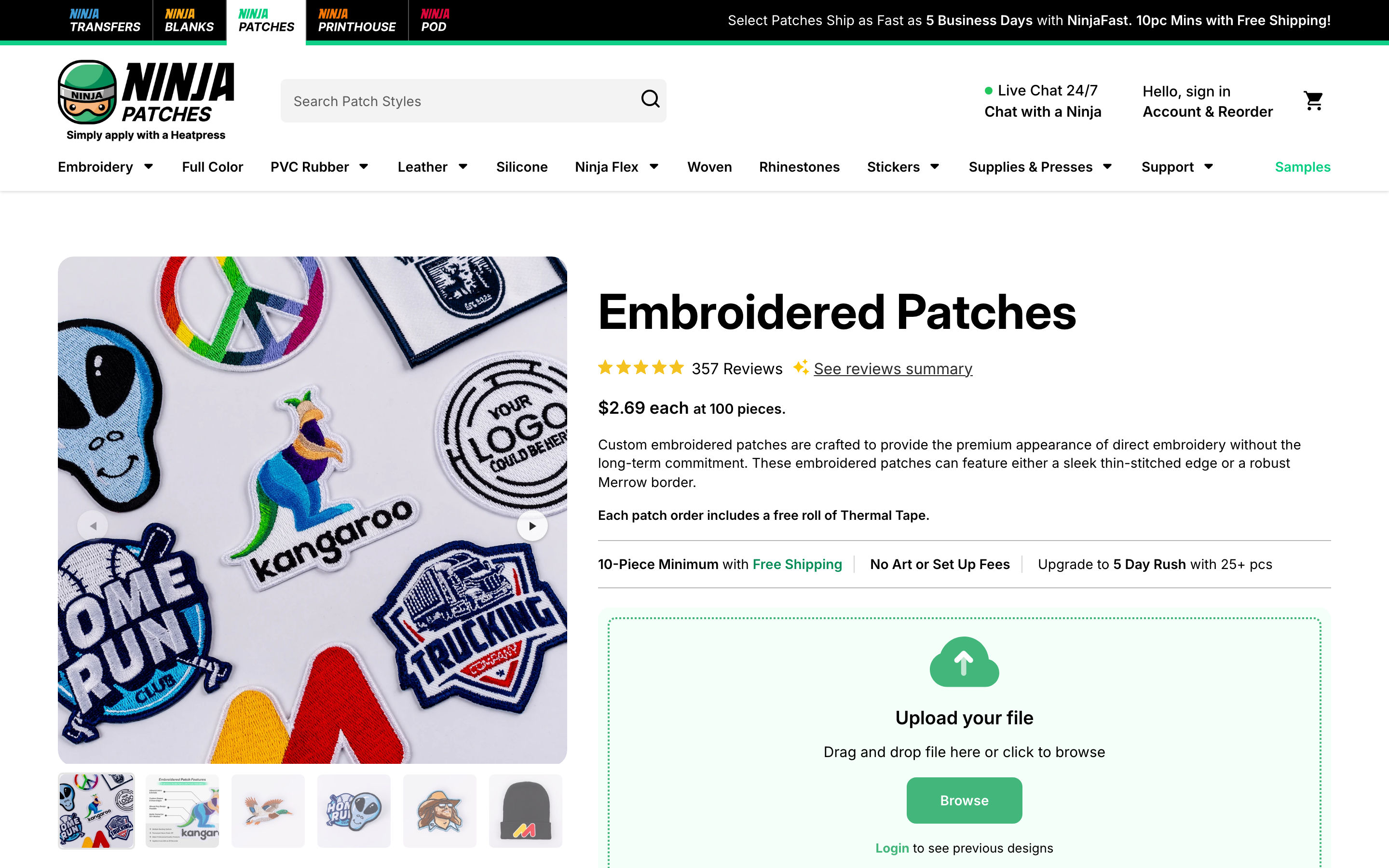 Ninja Patches product page screenshot showing custom patch offerings