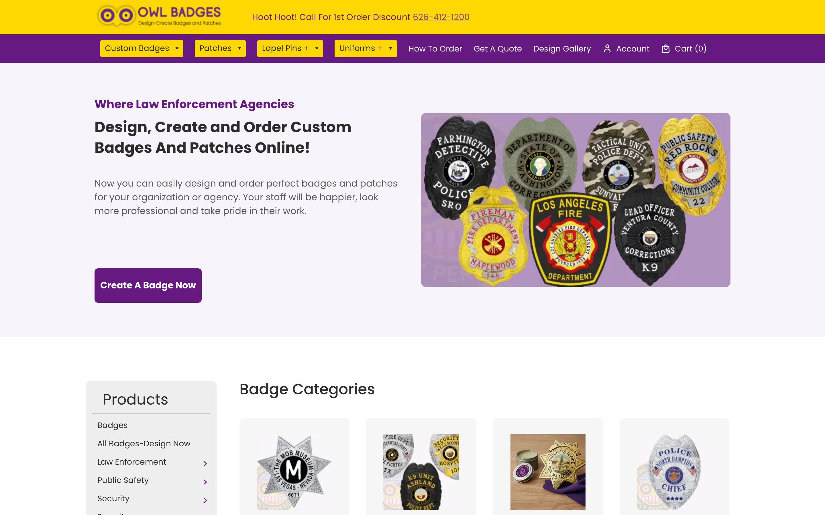 Owl Badges homepage screenshot showing custom patch offerings