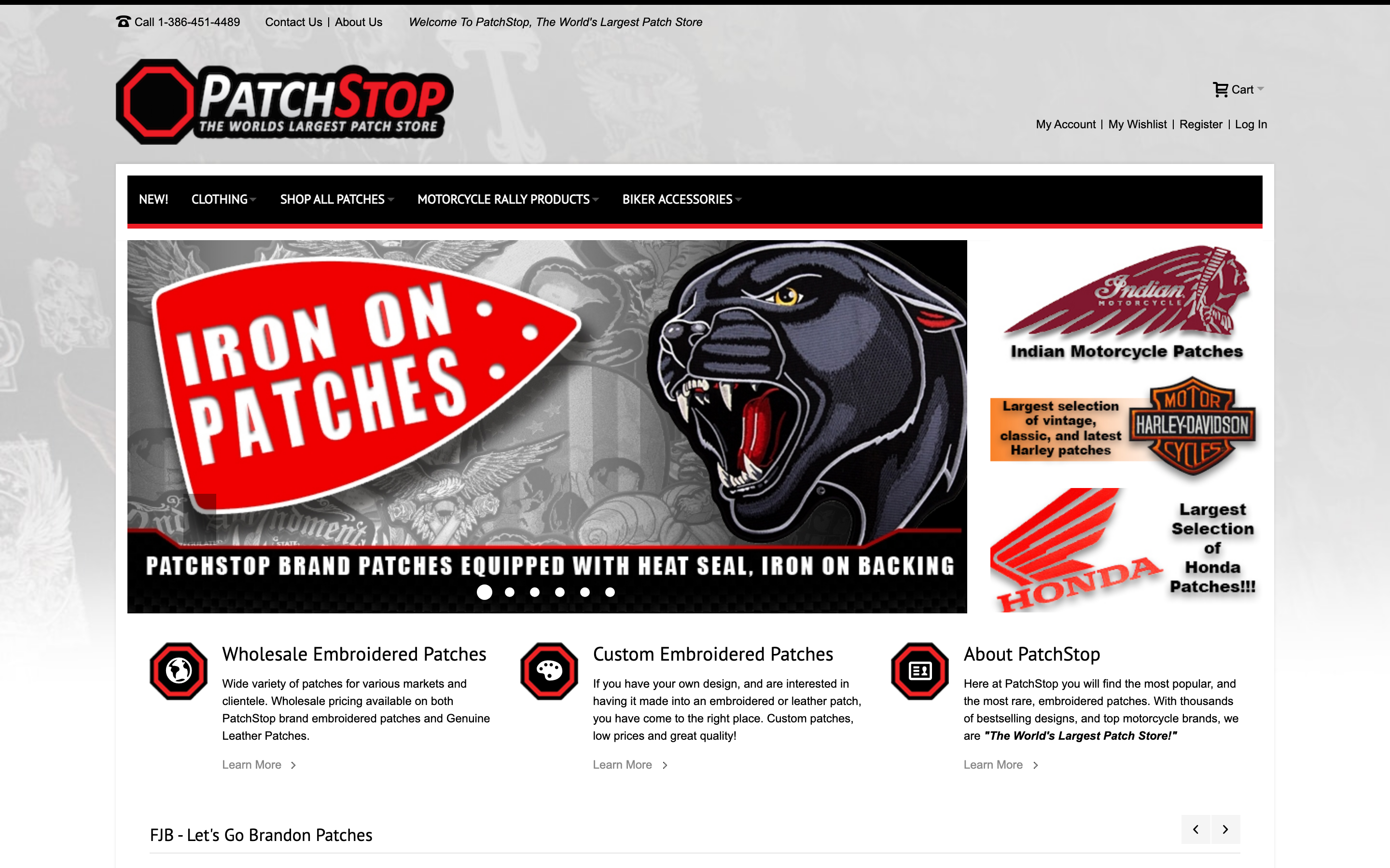 Patch Stop homepage screenshot showing custom patch offerings