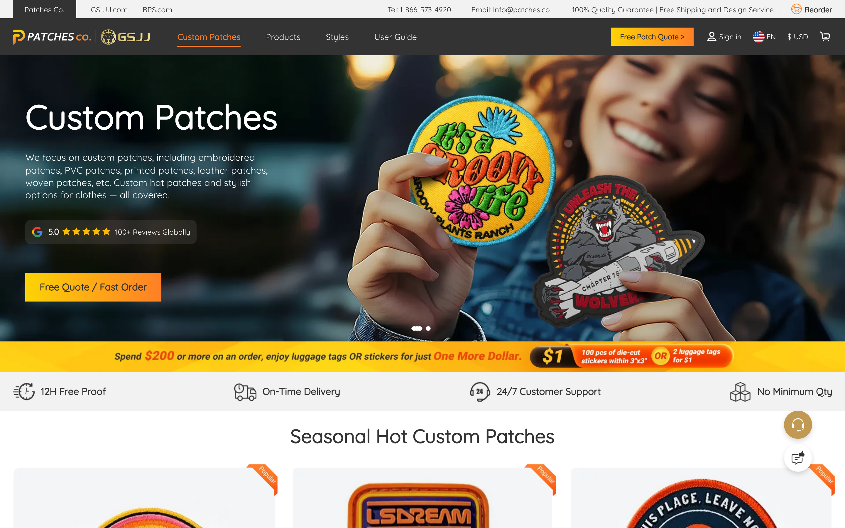 Patches Co homepage screenshot showing custom patch offerings