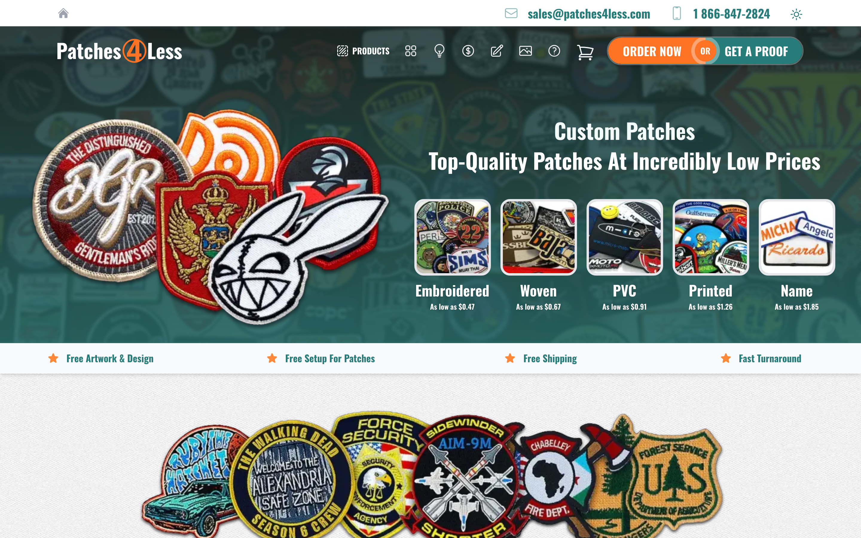Patches4Less homepage screenshot showing custom patch offerings
