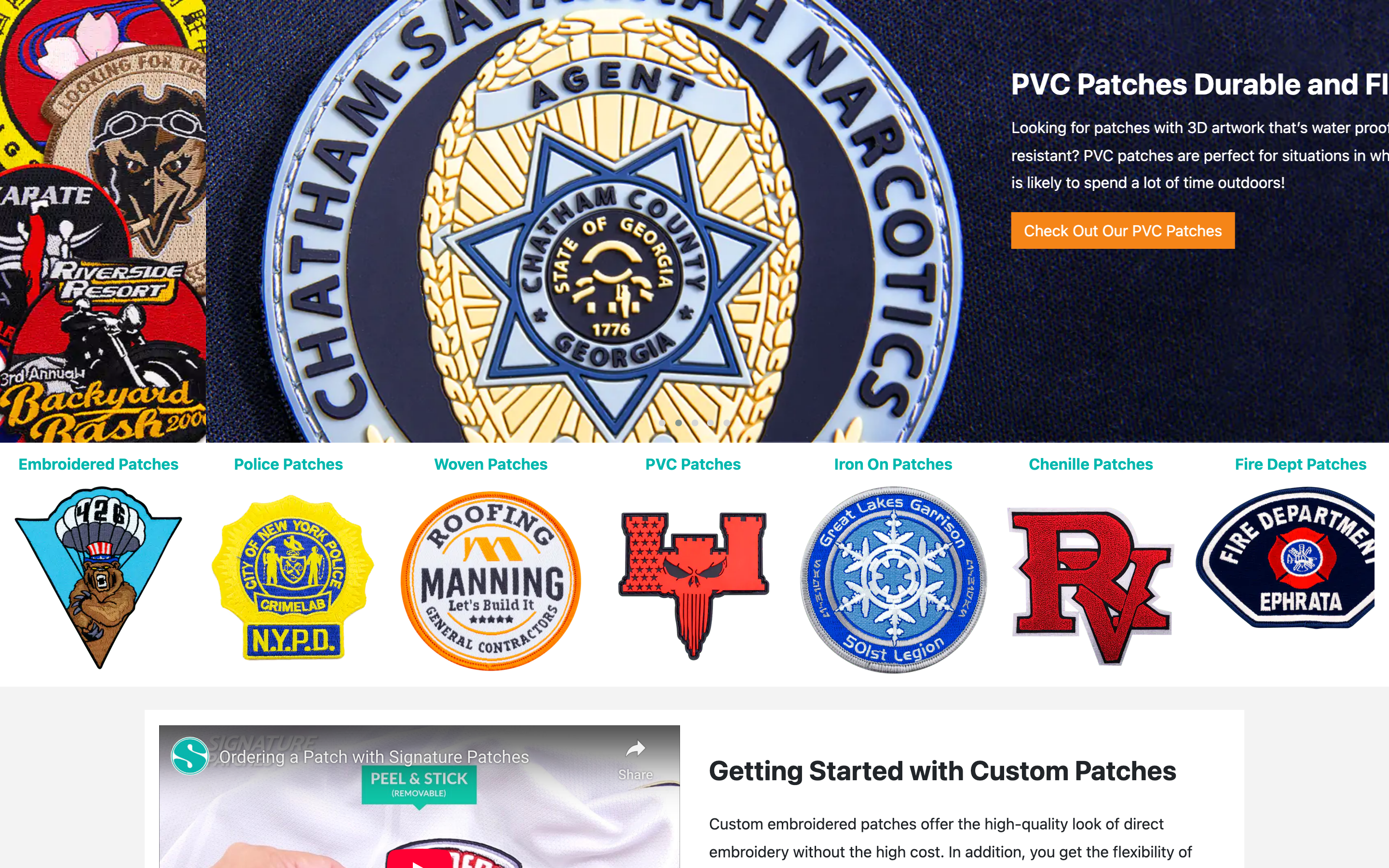 Signature Patches homepage screenshot showing custom patch offerings