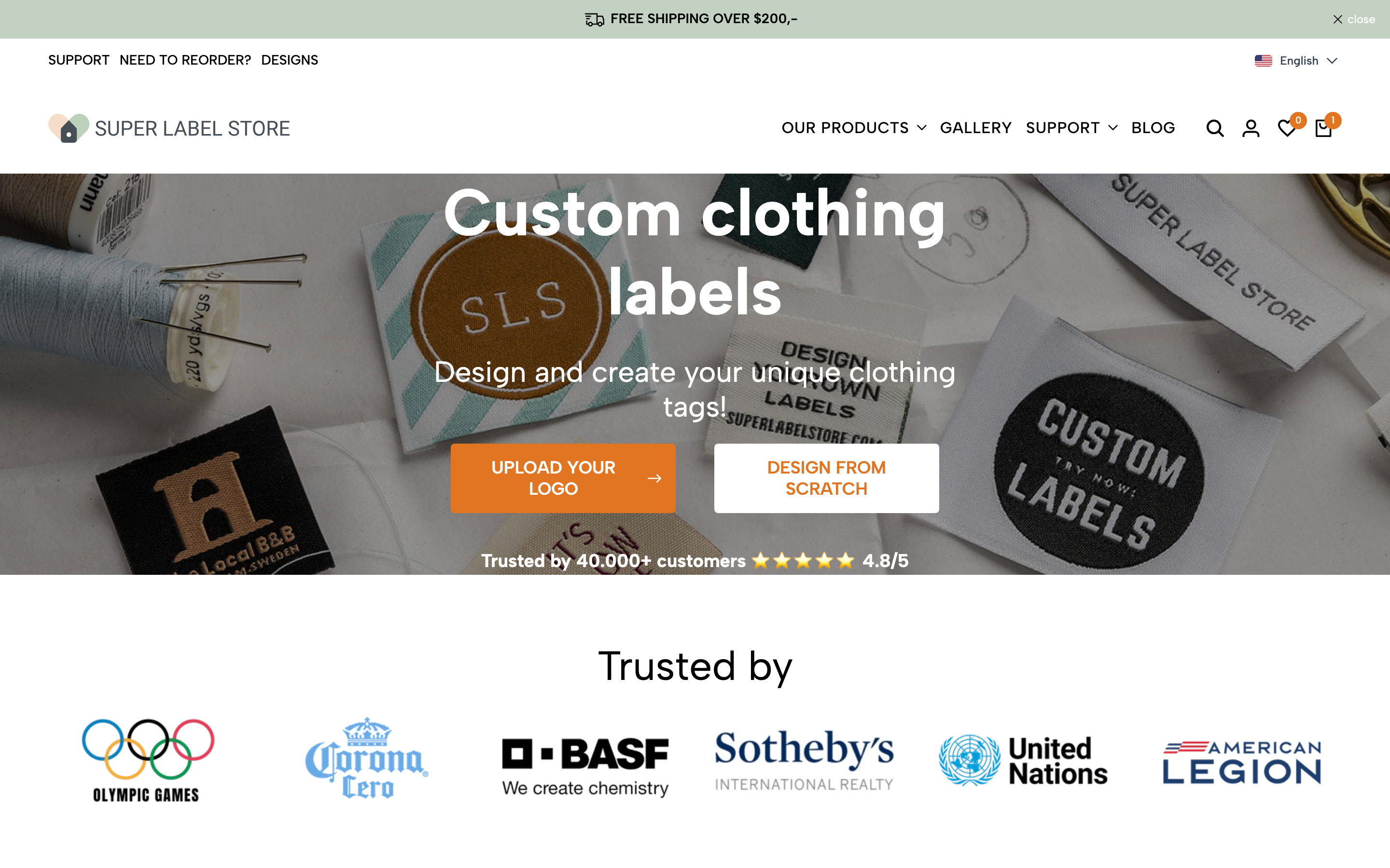 Super Label Store homepage screenshot showing custom patch offerings