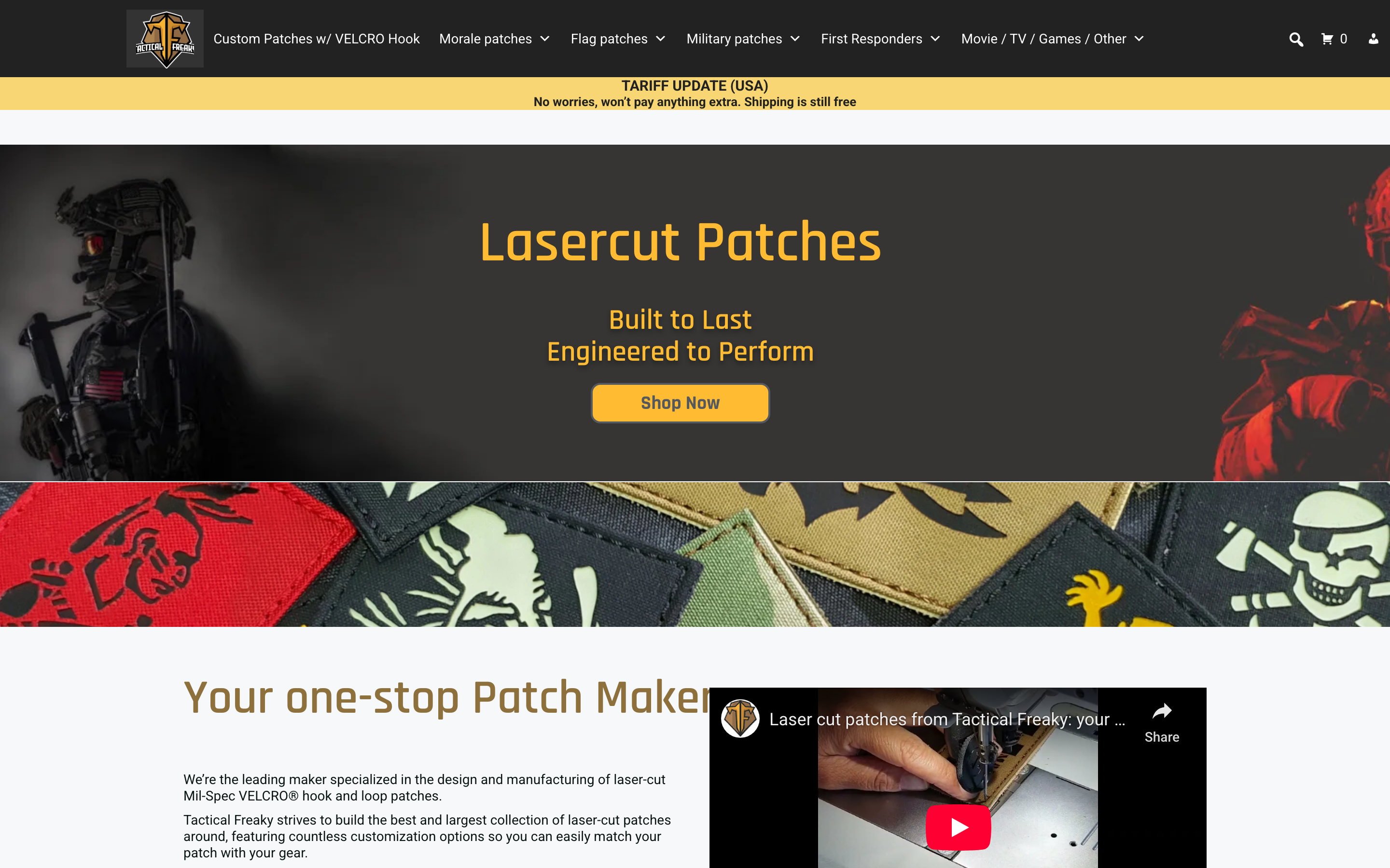 Tactical Freaky homepage screenshot showing custom patch offerings