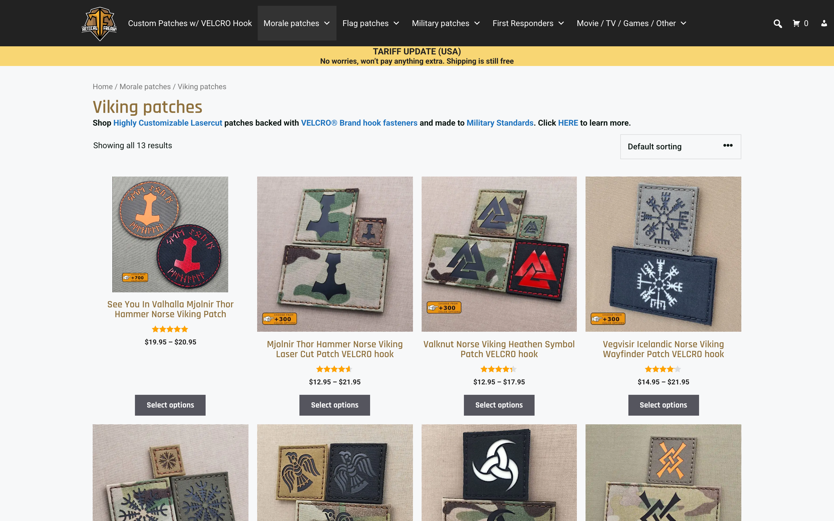 Tactical Freaky product page screenshot showing custom patch offerings