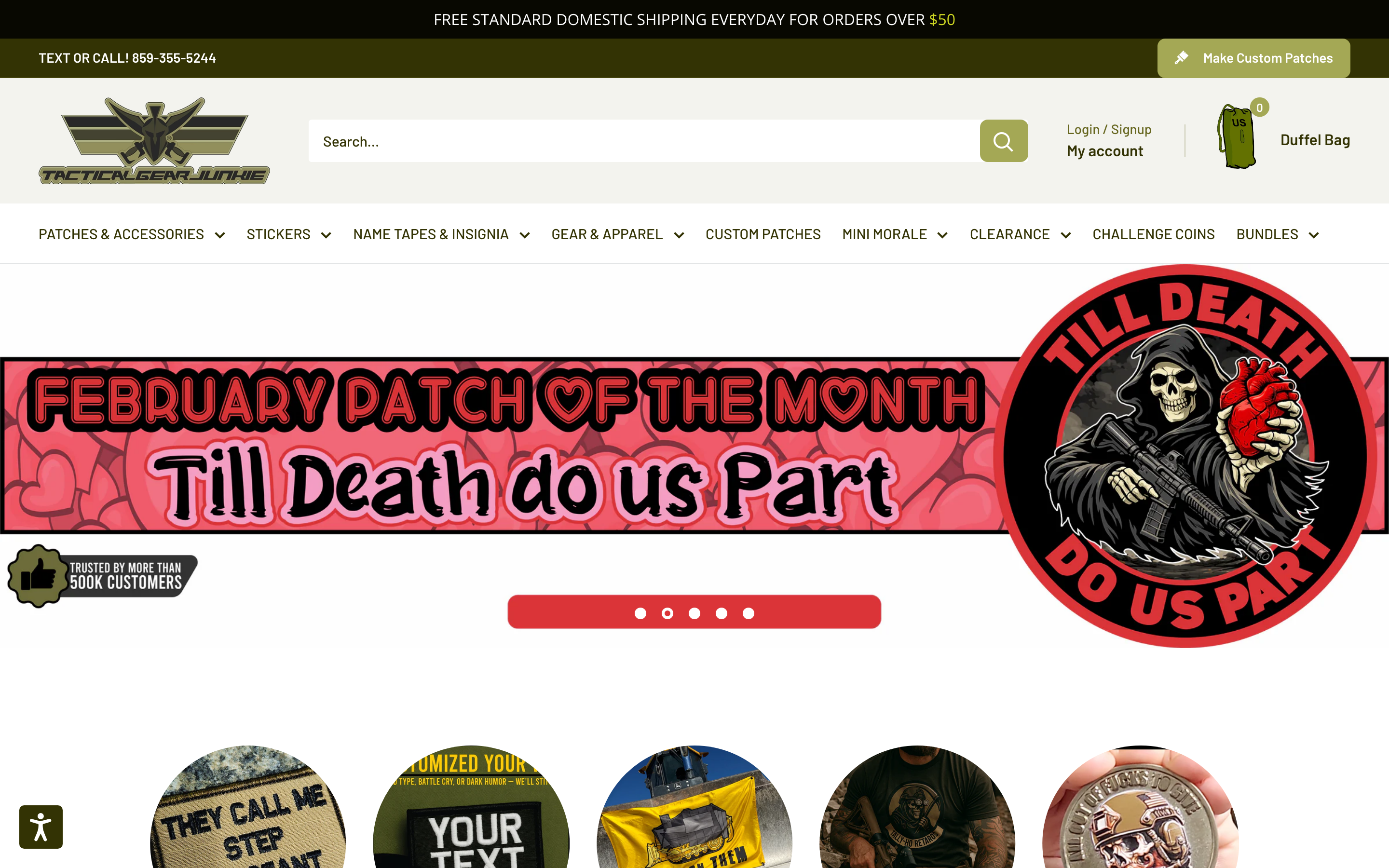 Tactical Gear Junkie homepage screenshot showing custom patch offerings