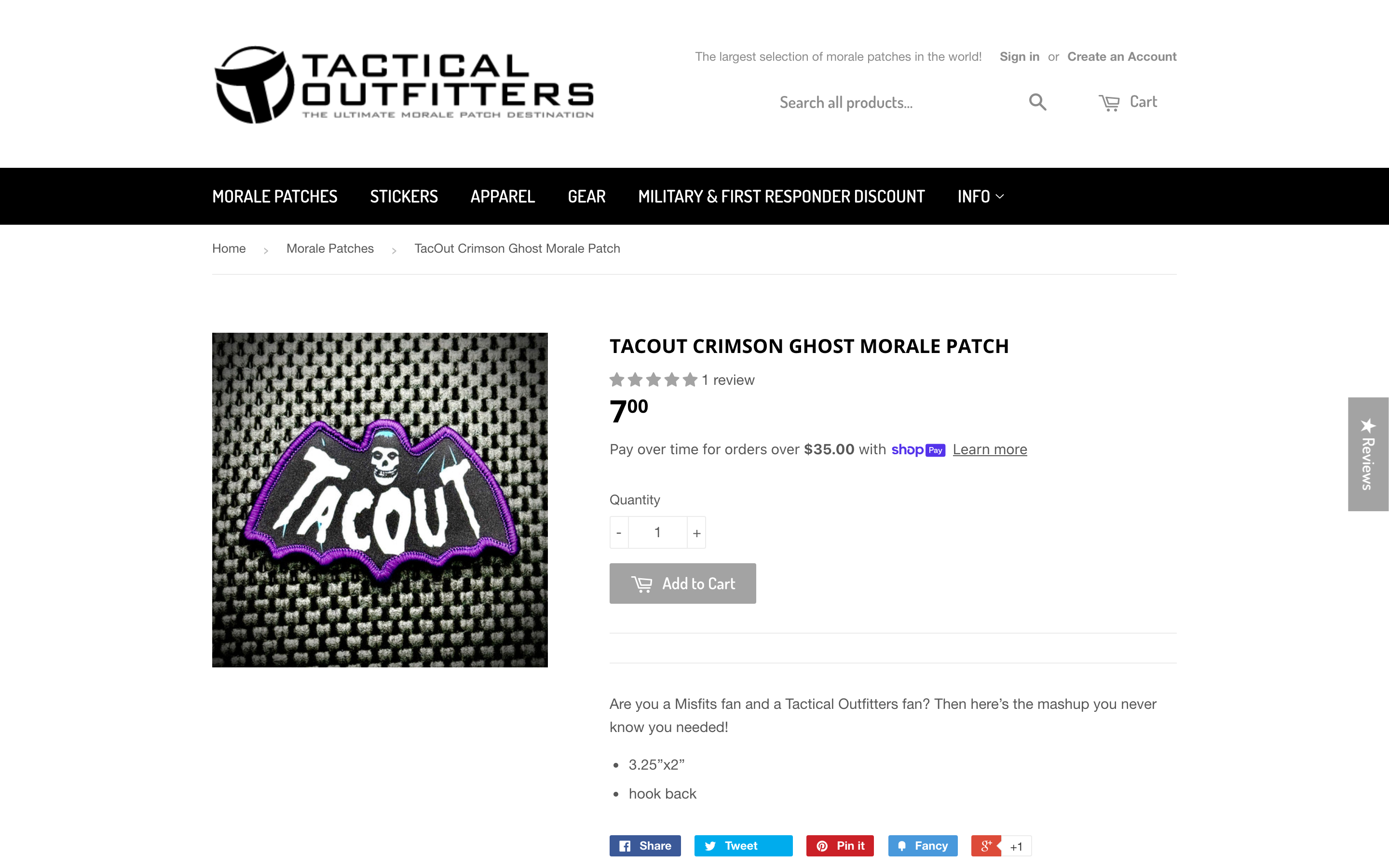 Tactical Outfitters product page screenshot showing custom patch offerings