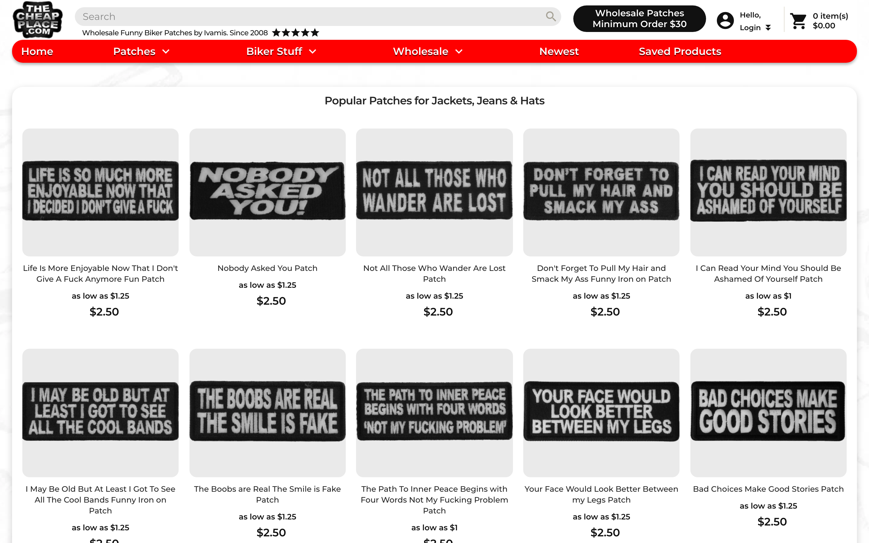 The Cheap Place homepage screenshot showing custom patch offerings