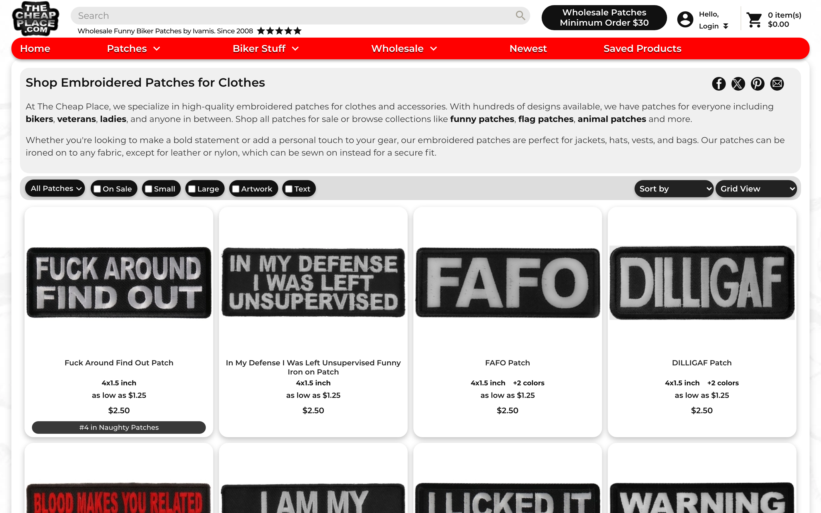 The Cheap Place product page screenshot showing custom patch offerings