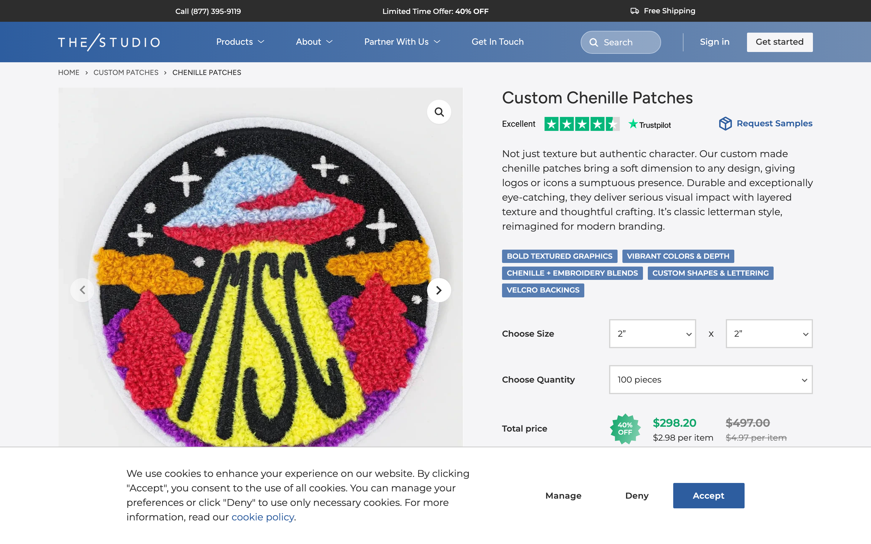 The Studio product page screenshot showing custom patch offerings