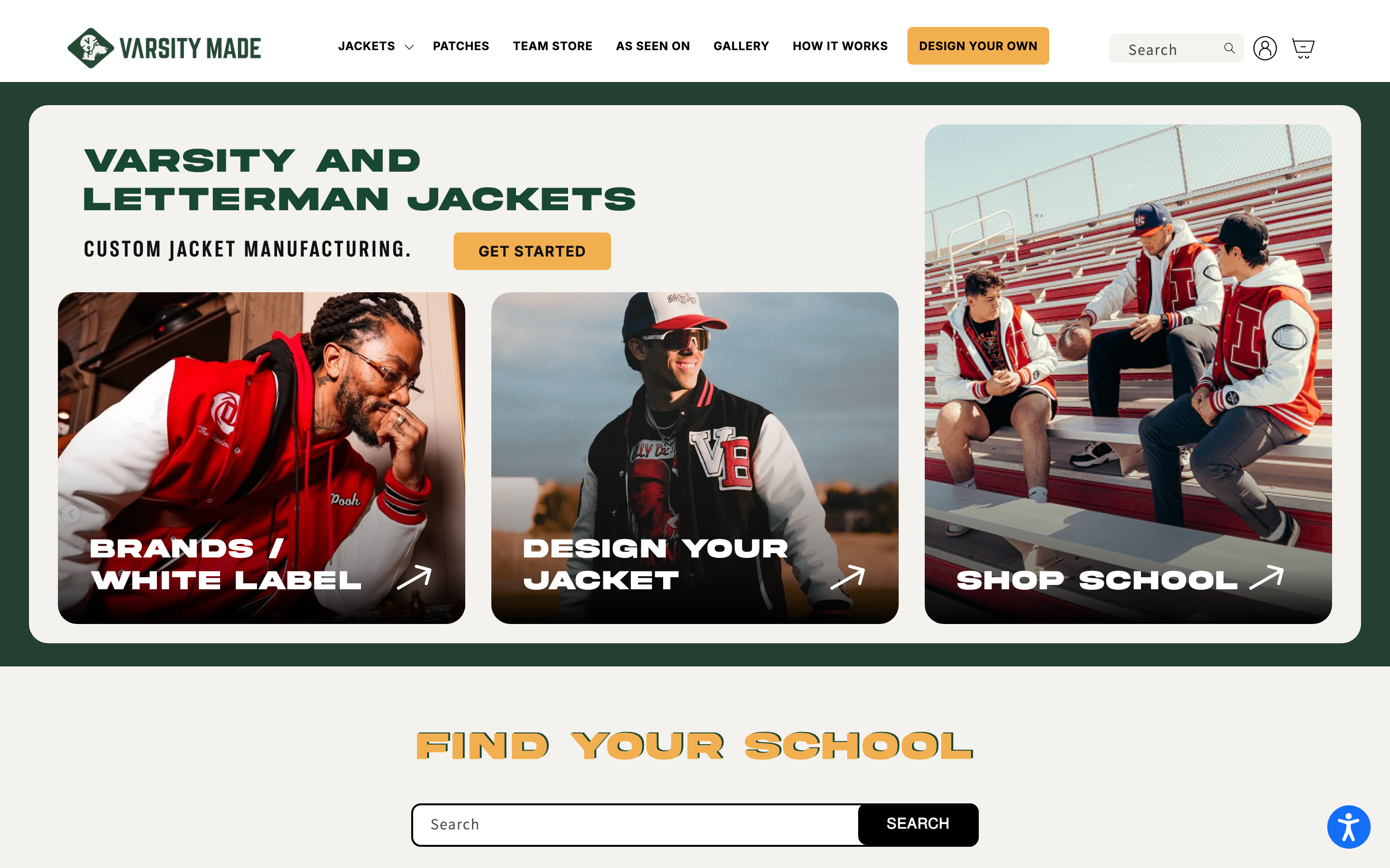 Varsity Made homepage screenshot showing custom patch offerings