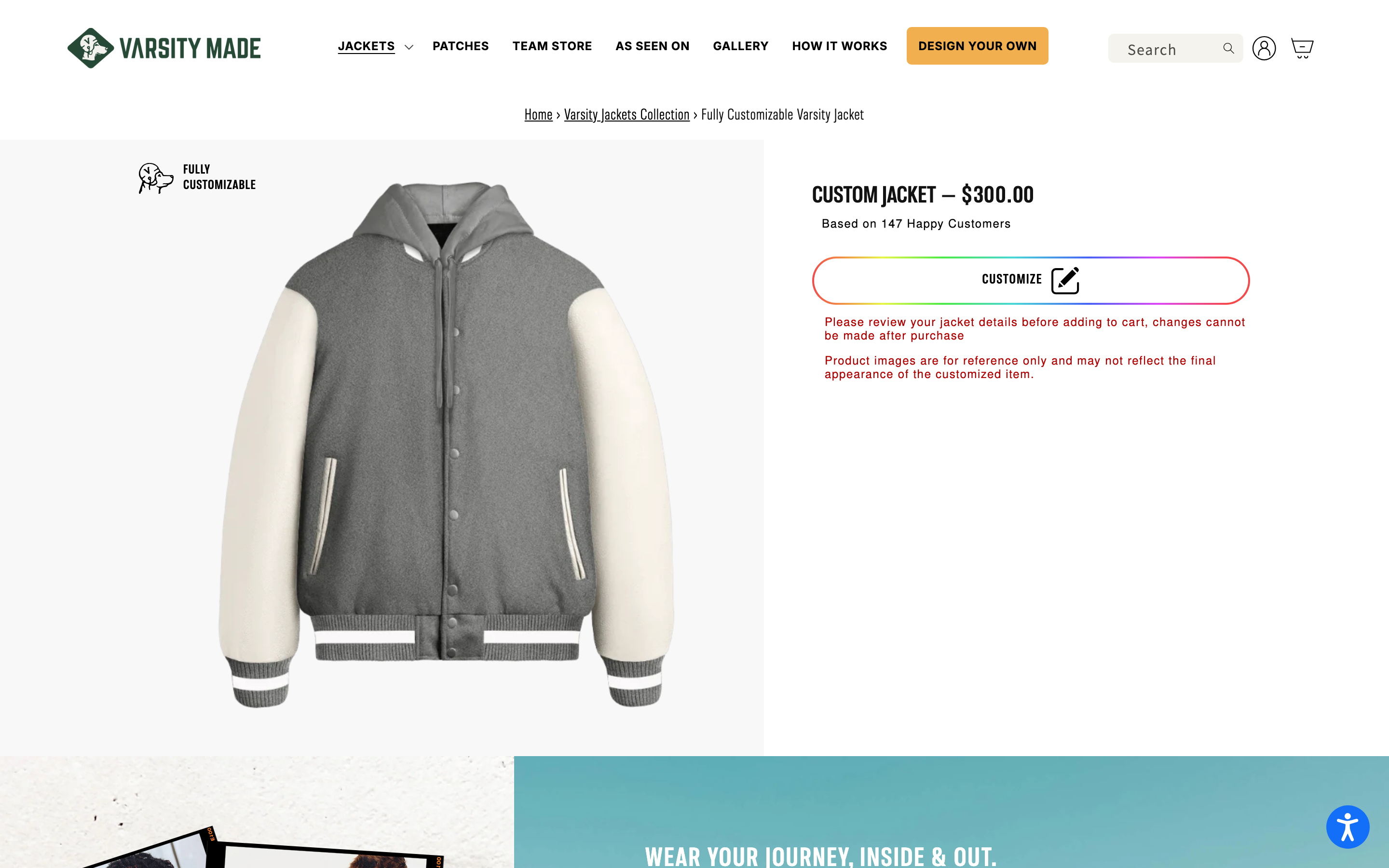 Varsity Made product page screenshot showing custom patch offerings
