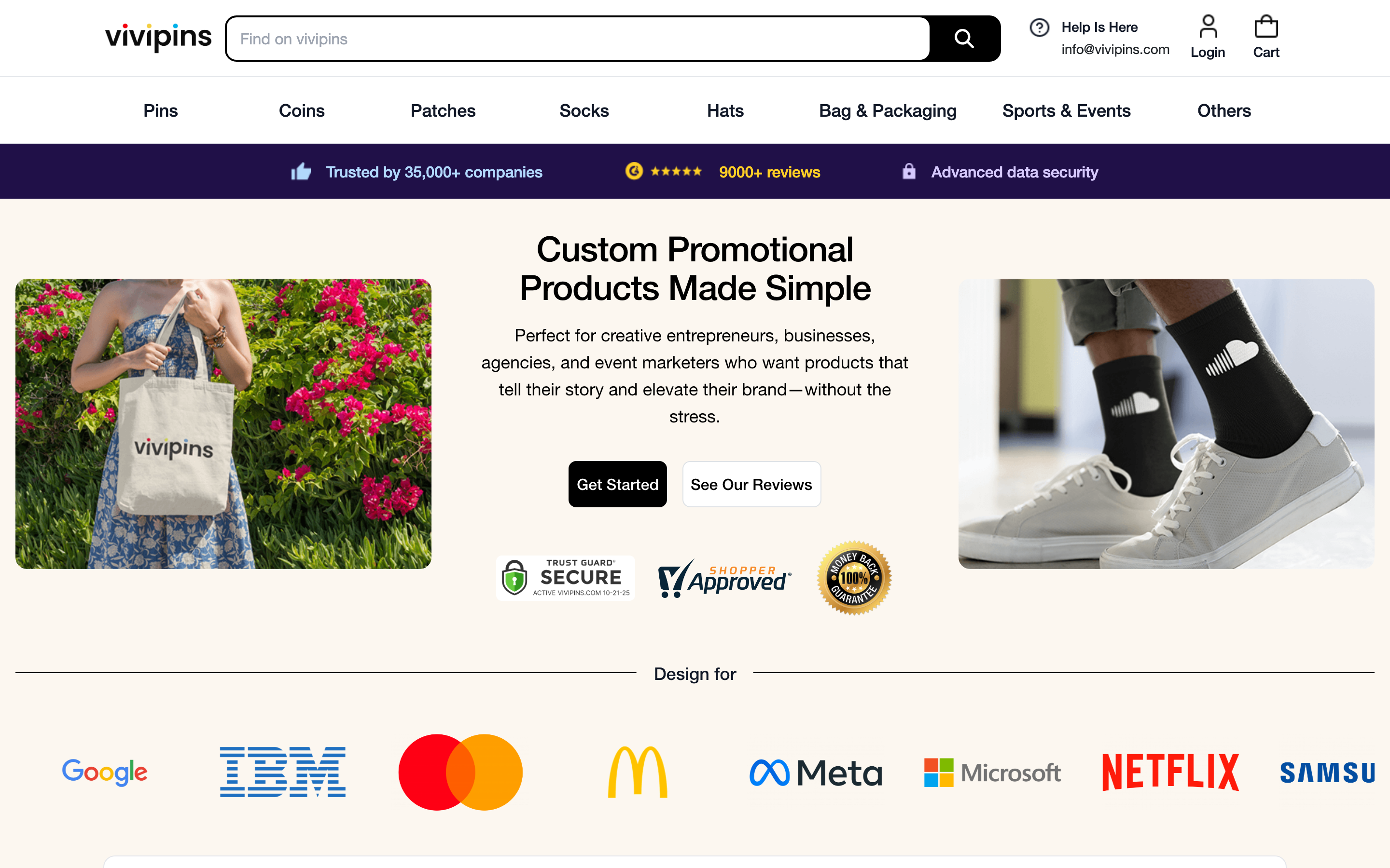 Vivipins homepage screenshot showing custom patch offerings