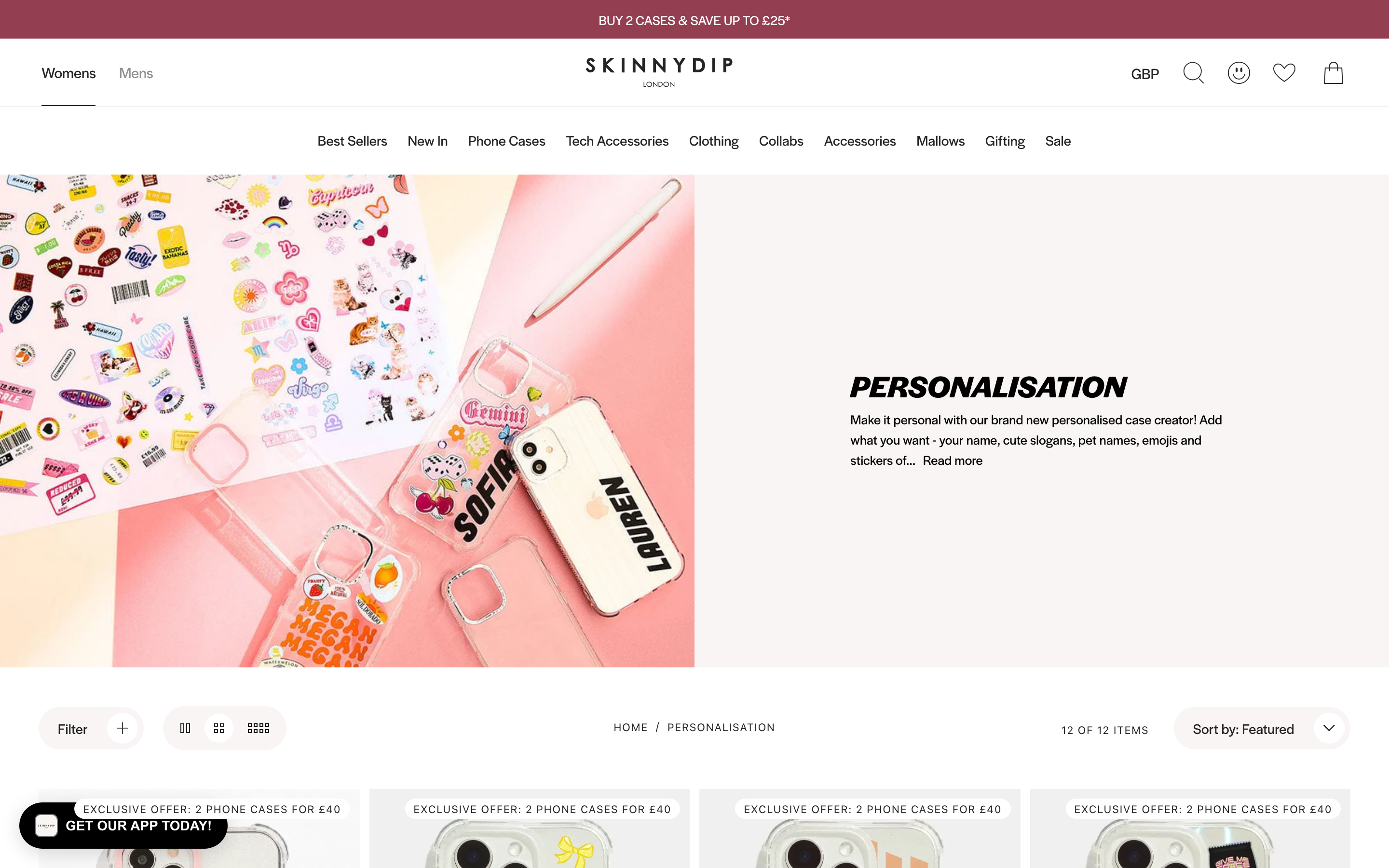 Phone Cases Skinnydiplondon Com customizer screenshot showing phone cases offerings