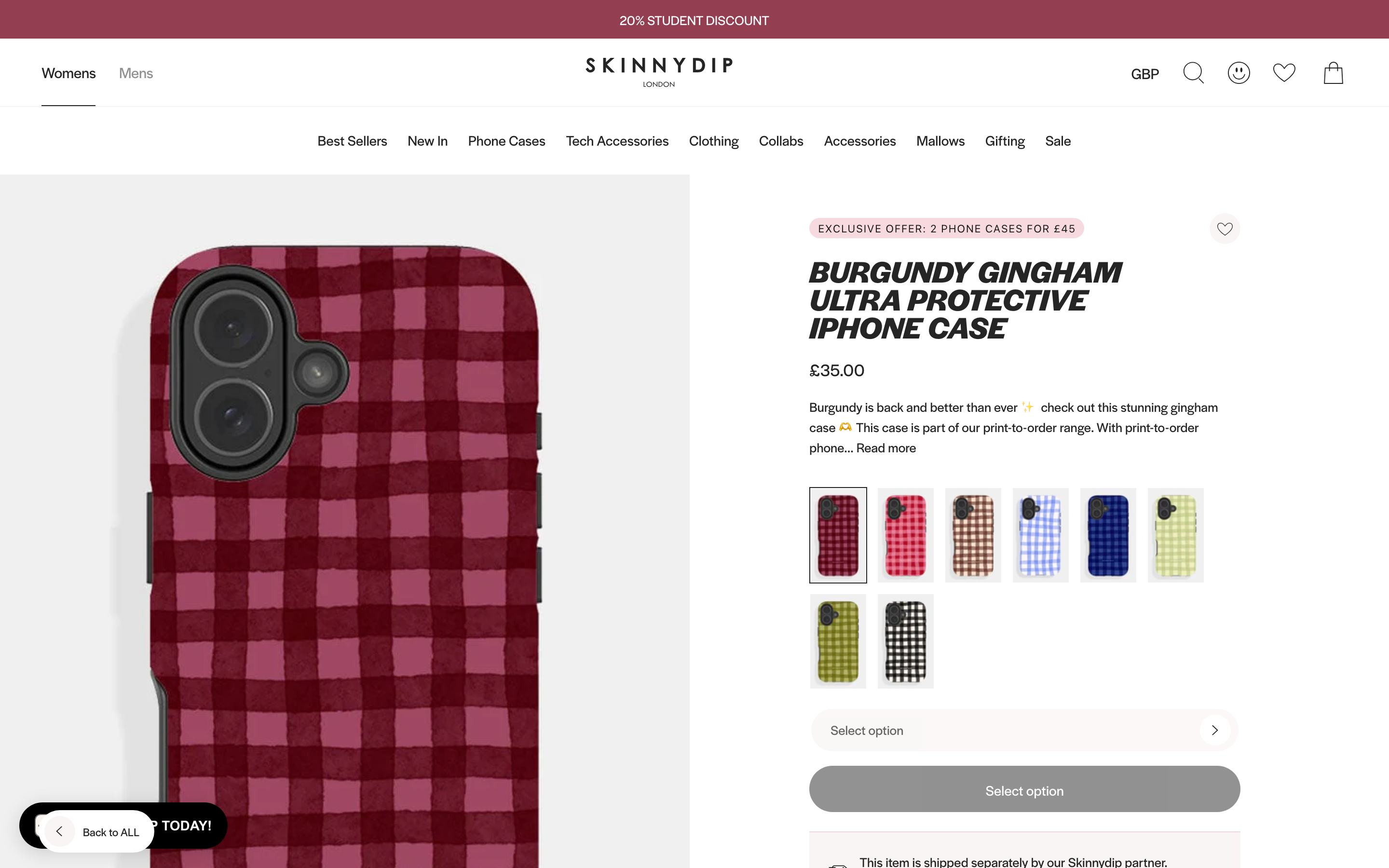 Phone Cases Skinnydiplondon Com product page screenshot showing phone cases offerings