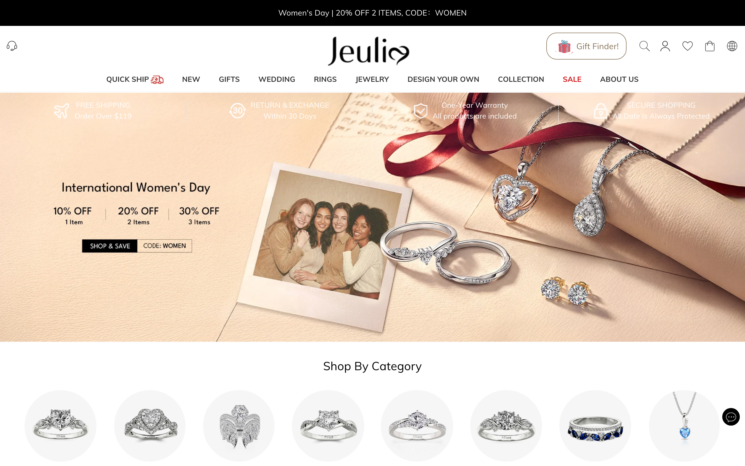 Rings  Jeulia Com homepage screenshot showing rings offerings