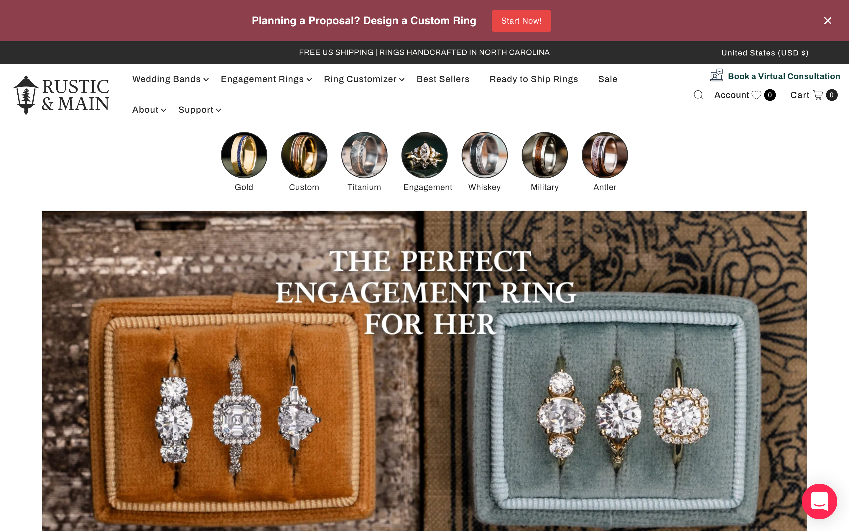 Rings  Rusticandmain Com homepage screenshot showing rings offerings