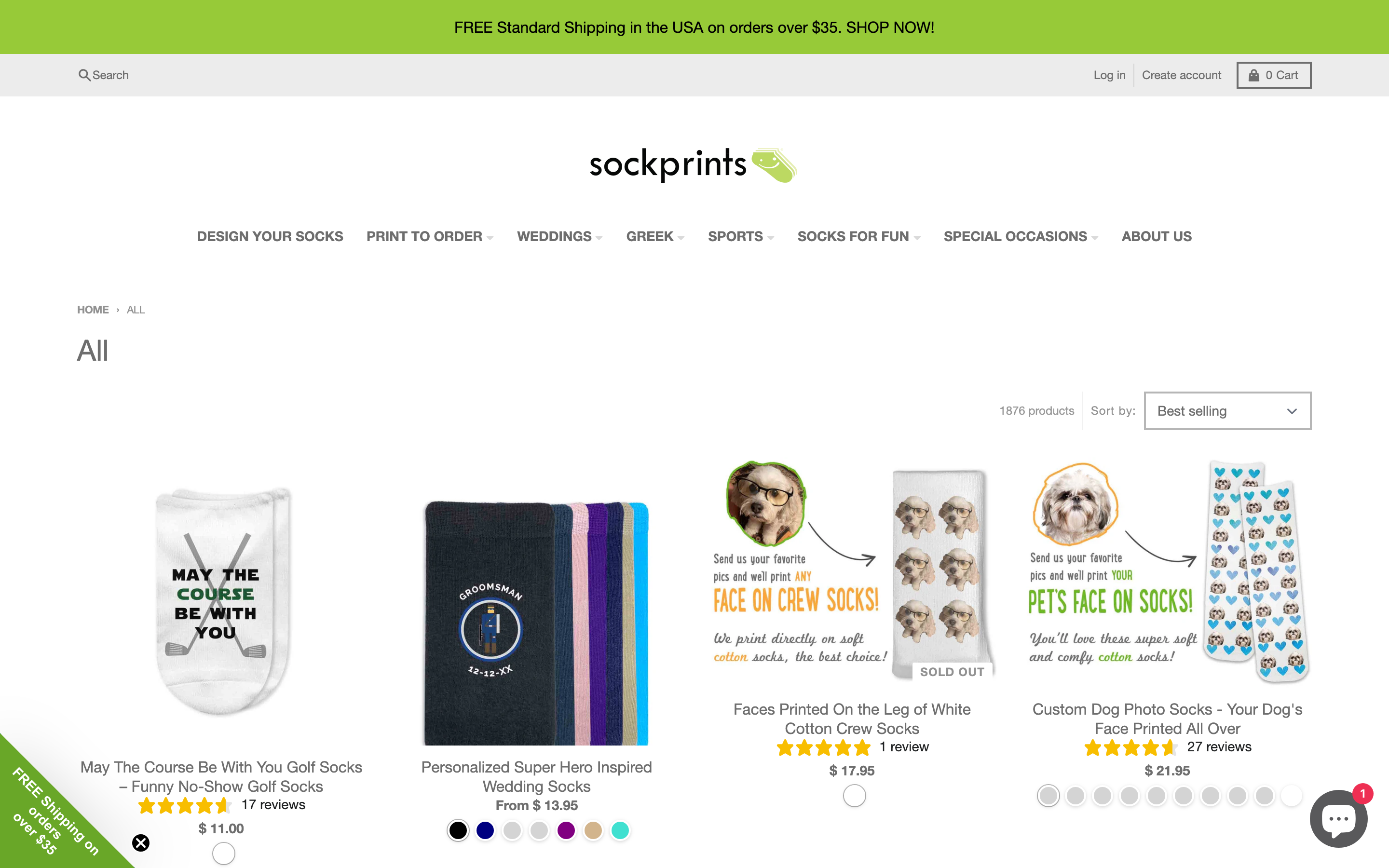 Socks  Sockprints product page screenshot showing socks offerings