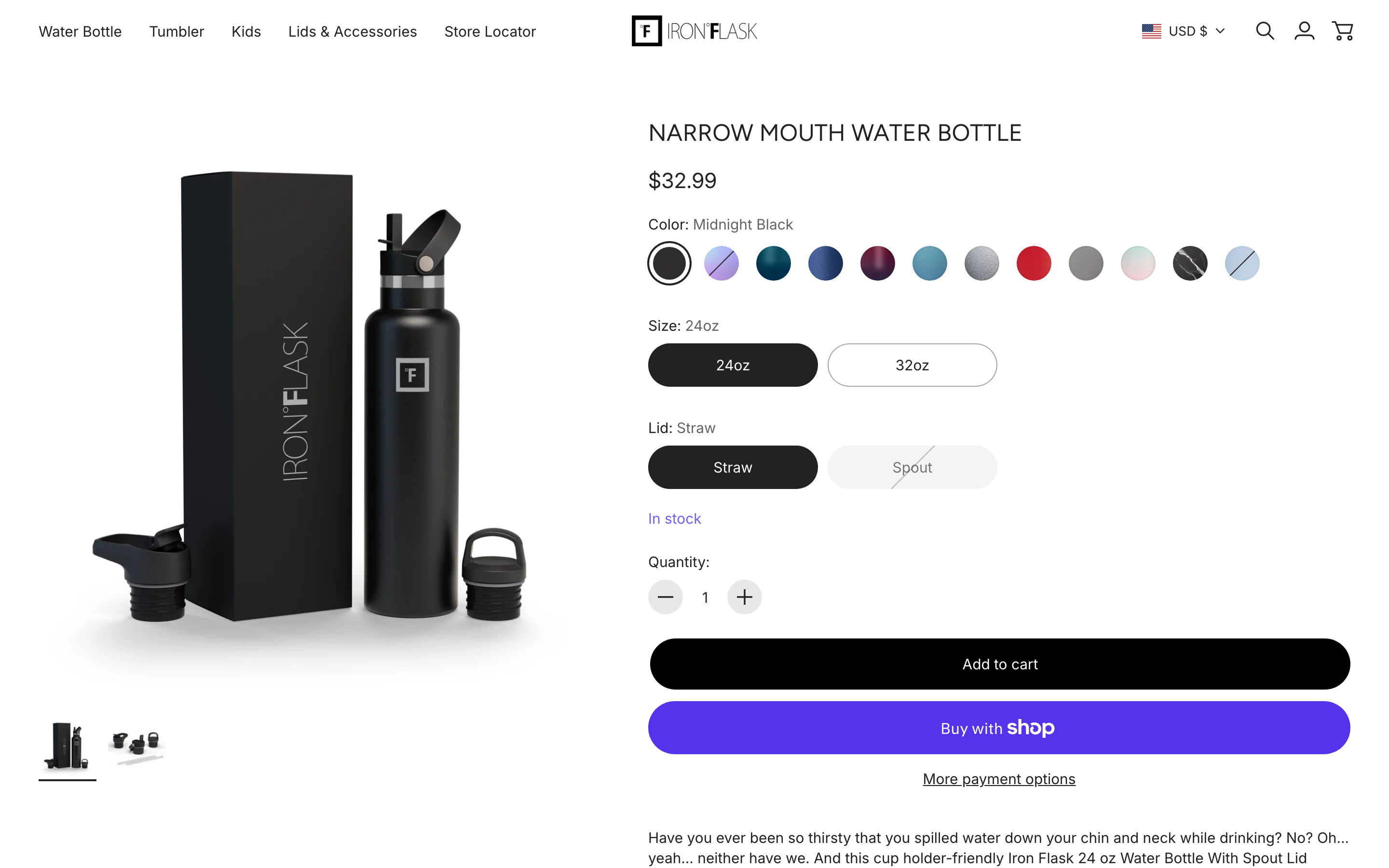 Iron Flask Shopify store product page screenshot
