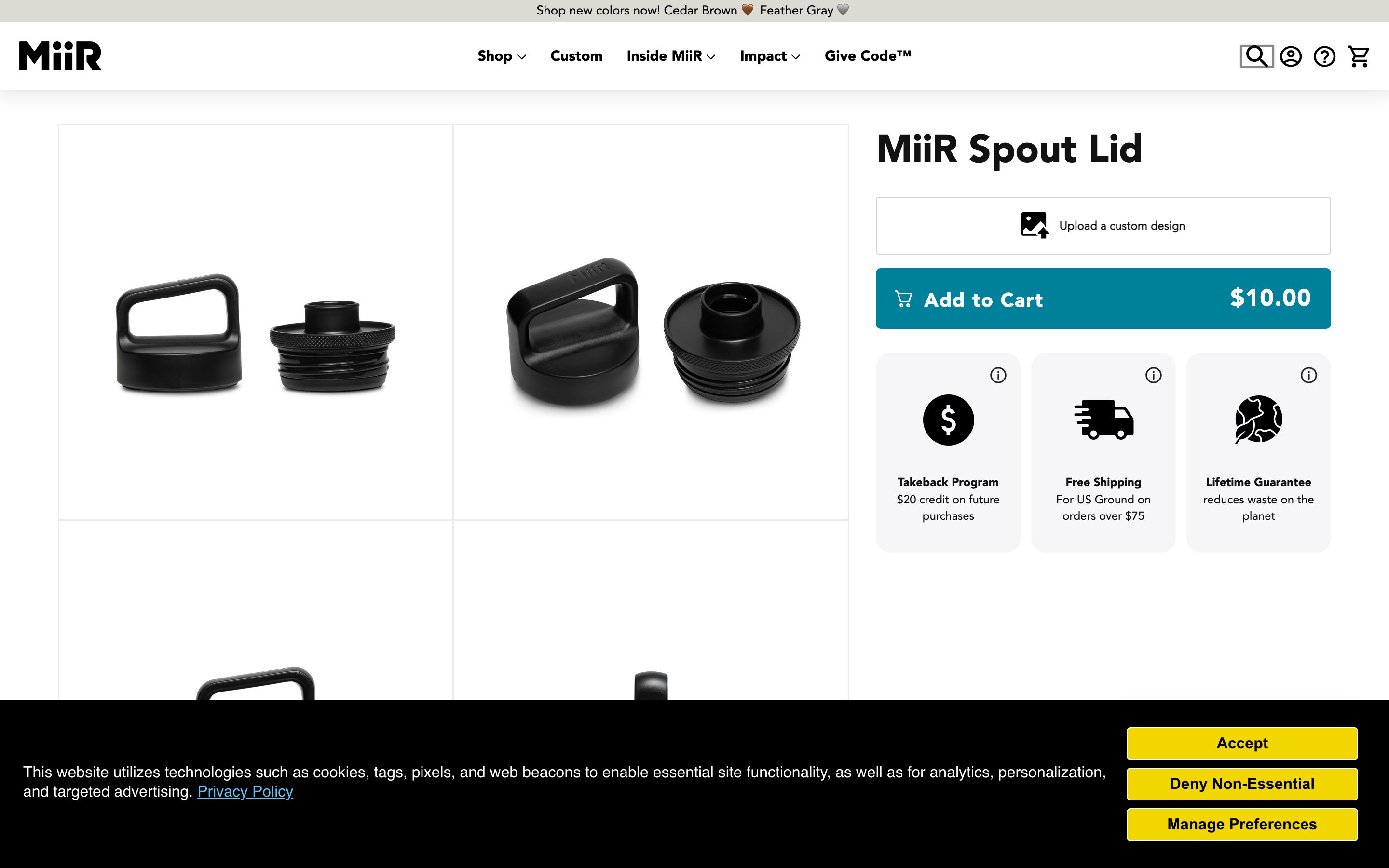 MiiR Shopify store product page screenshot