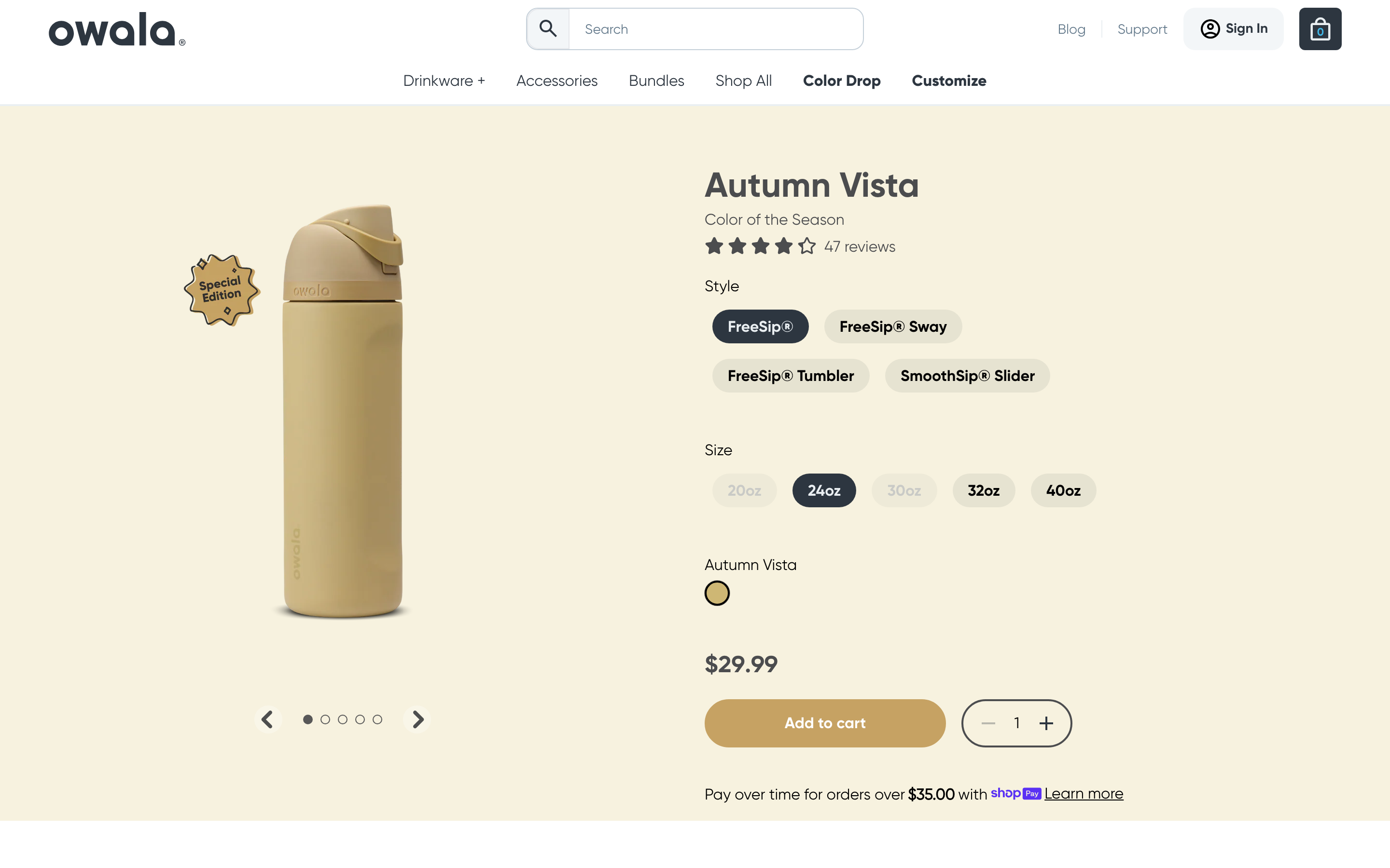 Owala Shopify store product page screenshot