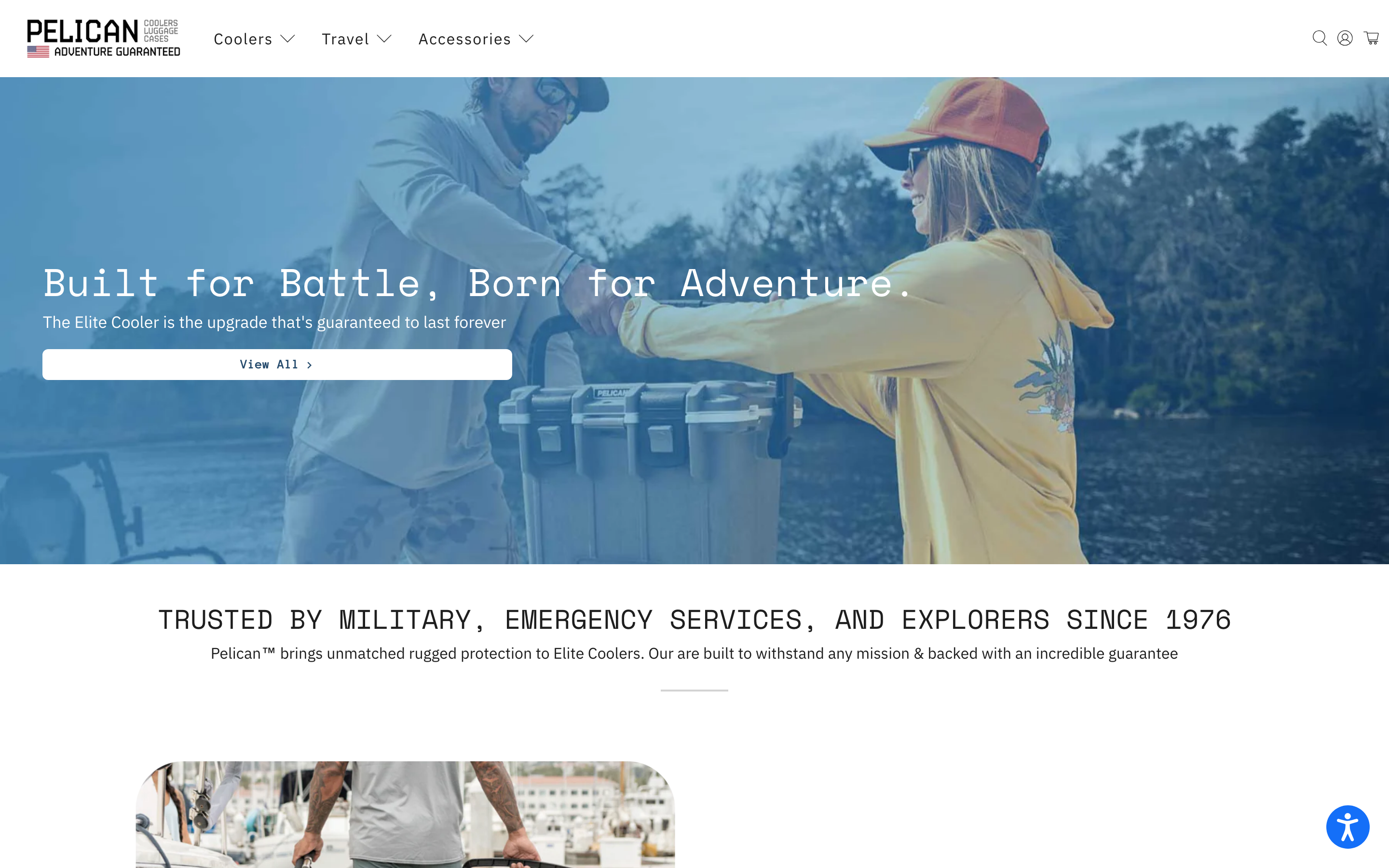 Pelican Coolers Shopify store homepage screenshot