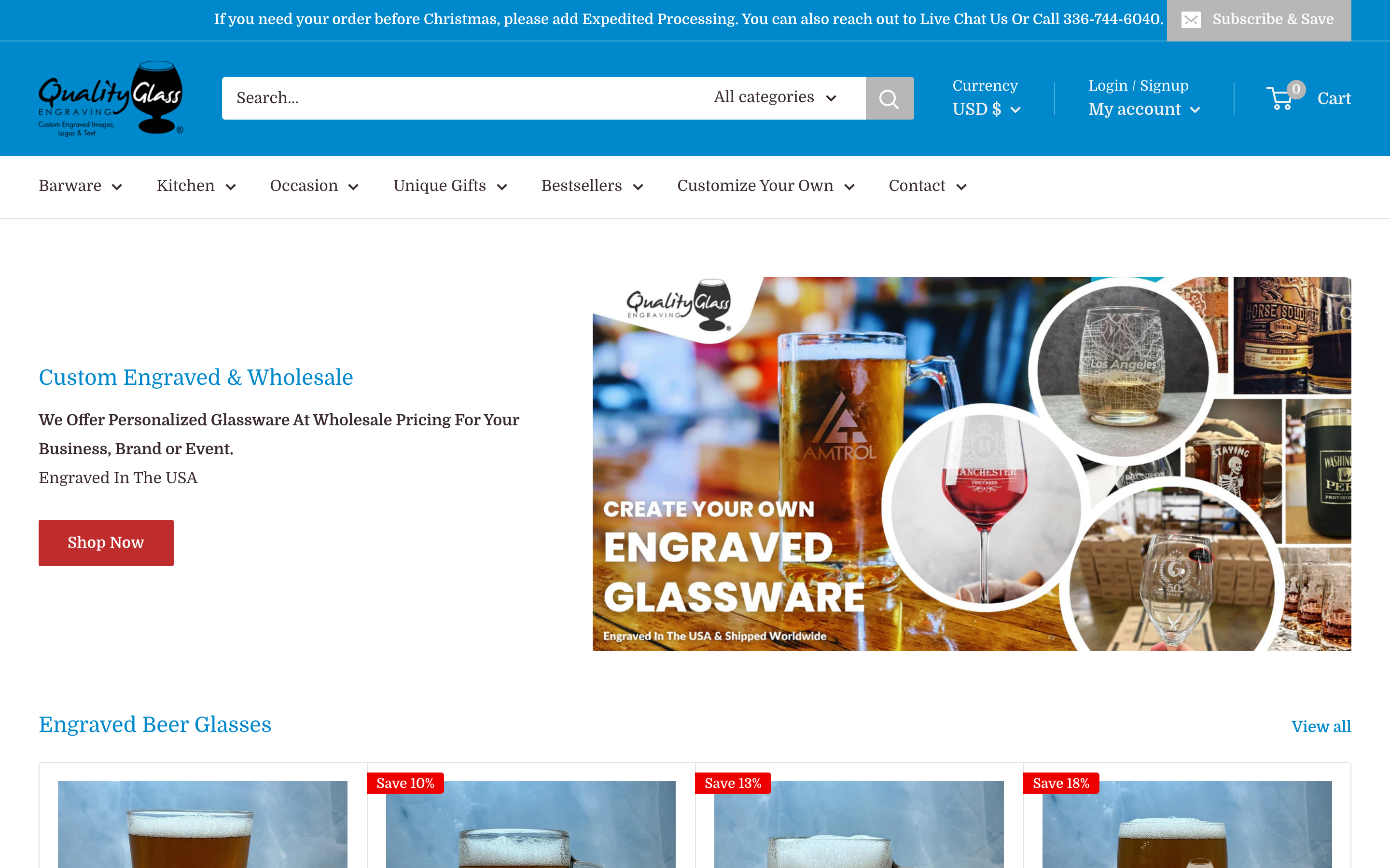 Quality Glass Engraving Shopify store homepage screenshot