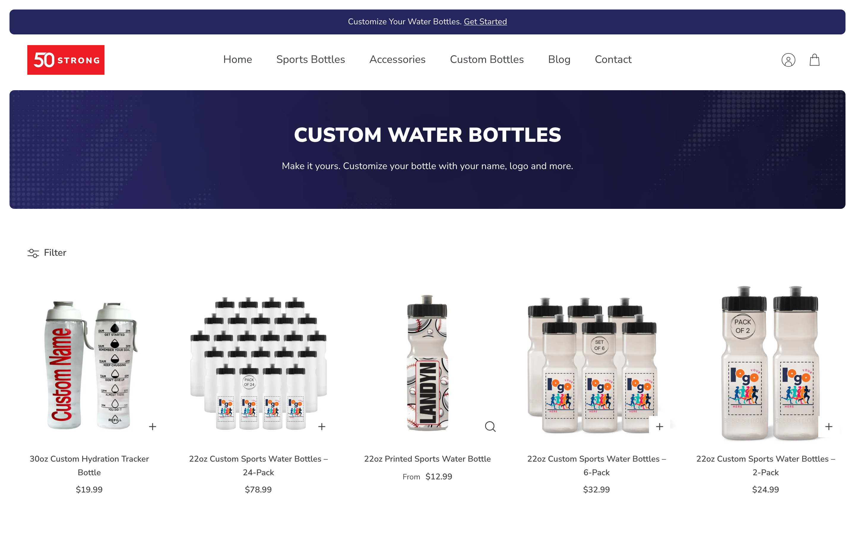 Water Bottles 50 Strong page screenshot showing water bottles offerings