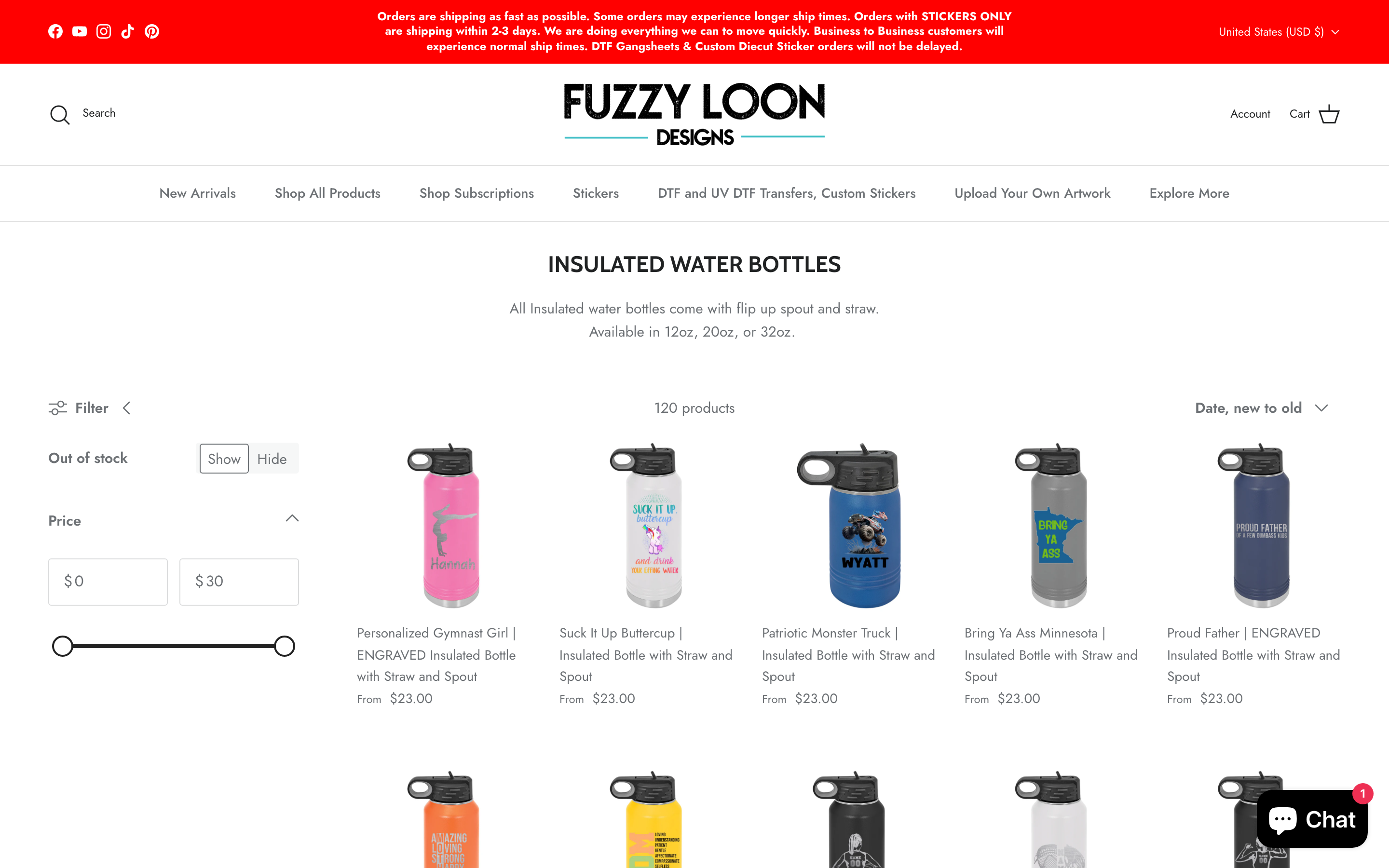 Water Bottles Bottles Fuzzyloondesigns page screenshot showing water bottles offerings