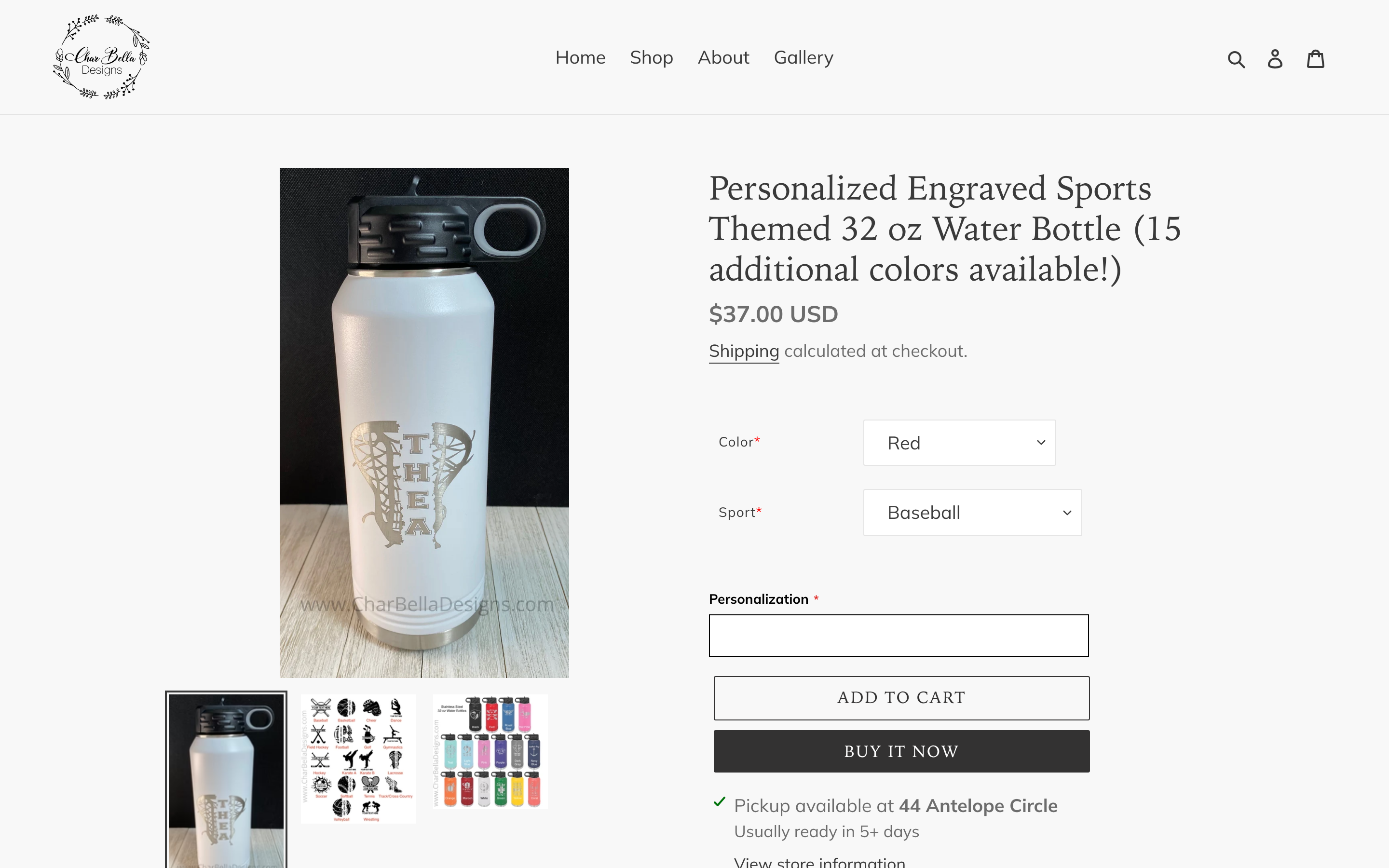 Water Bottles Charbelladesigns Com_Product product page screenshot showing water bottles offerings