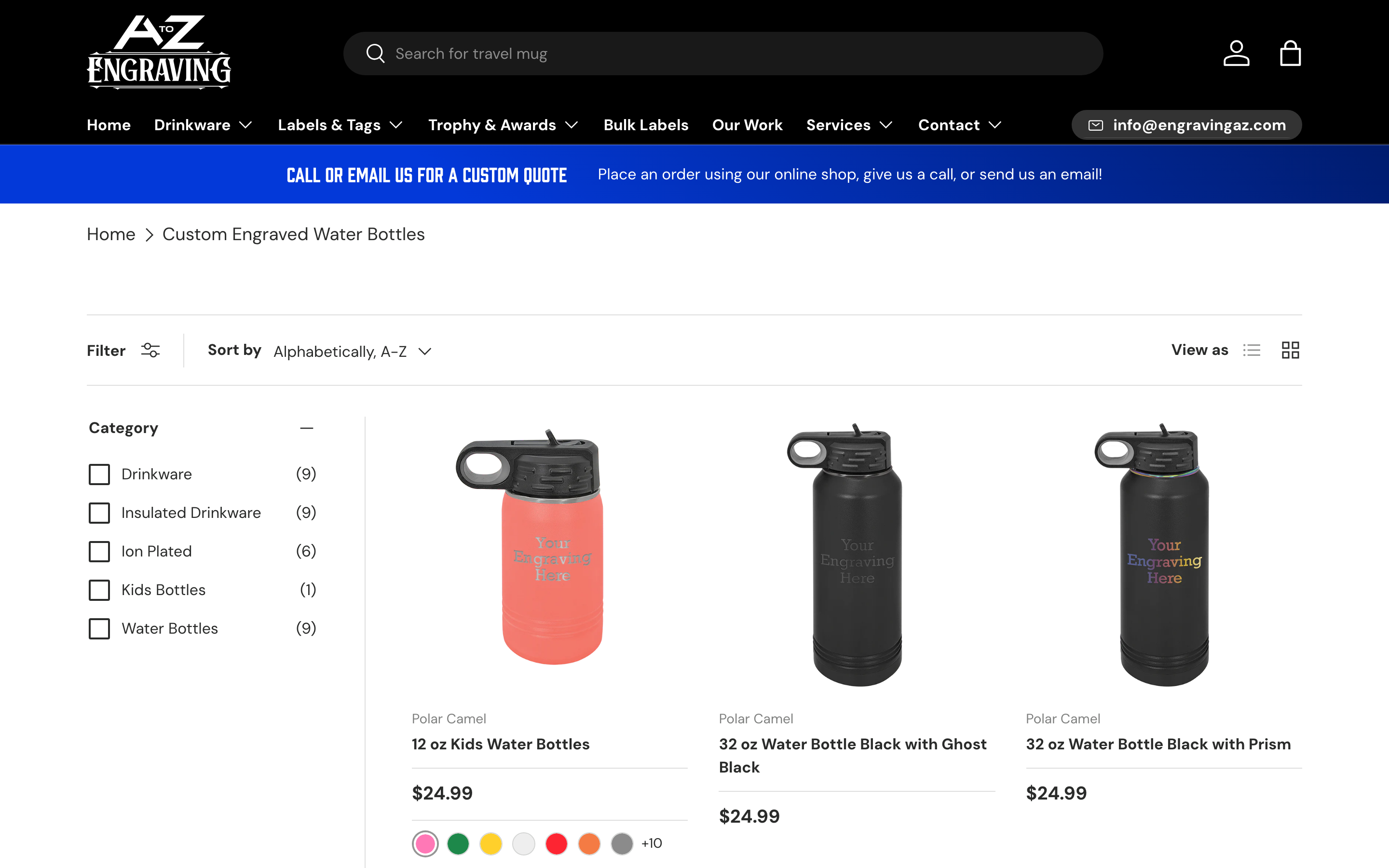 Water Bottles Engravingaz Com_Product product page screenshot showing water bottles offerings
