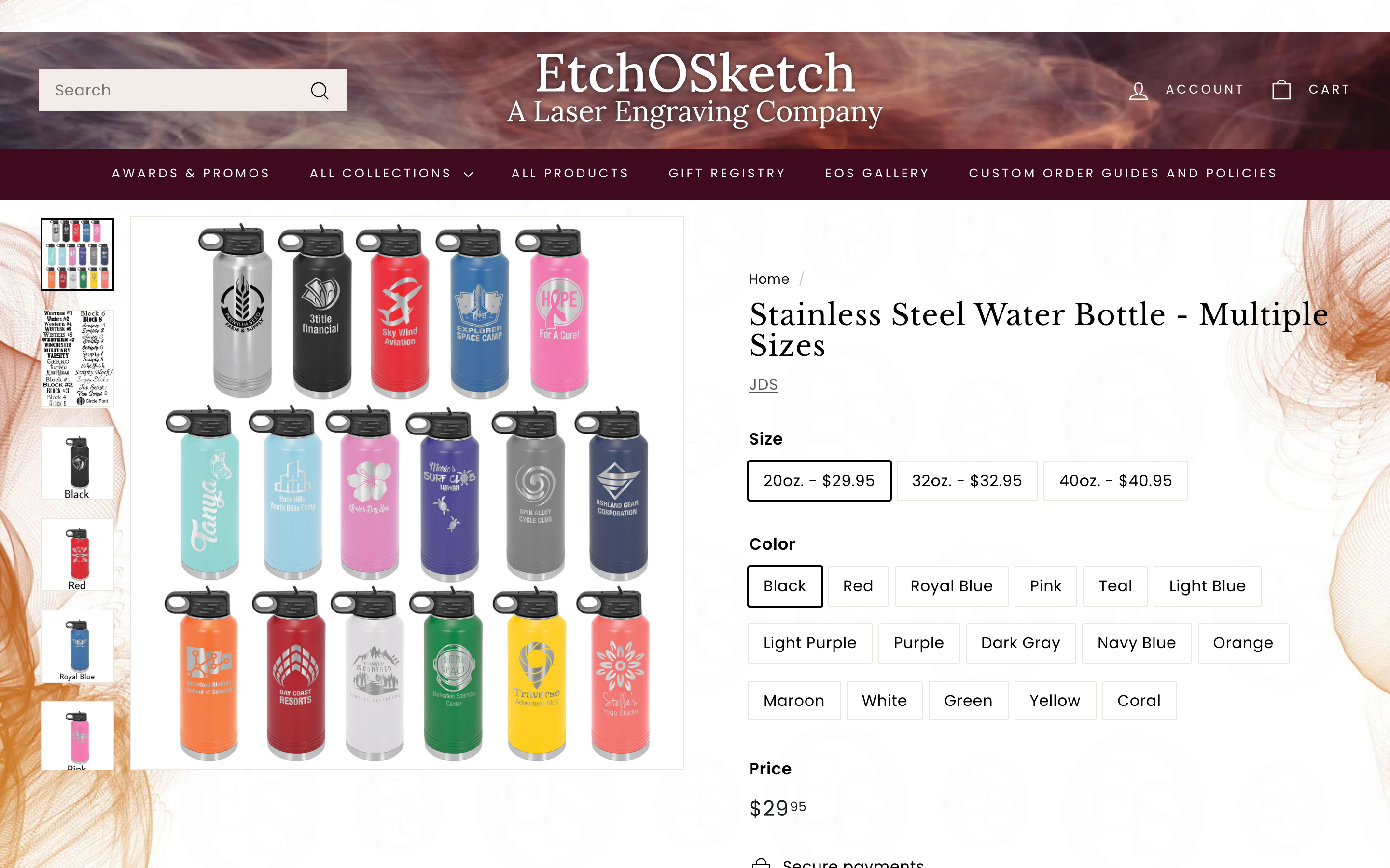 Water Bottles Etchosketch Com_Product product page screenshot showing water bottles offerings