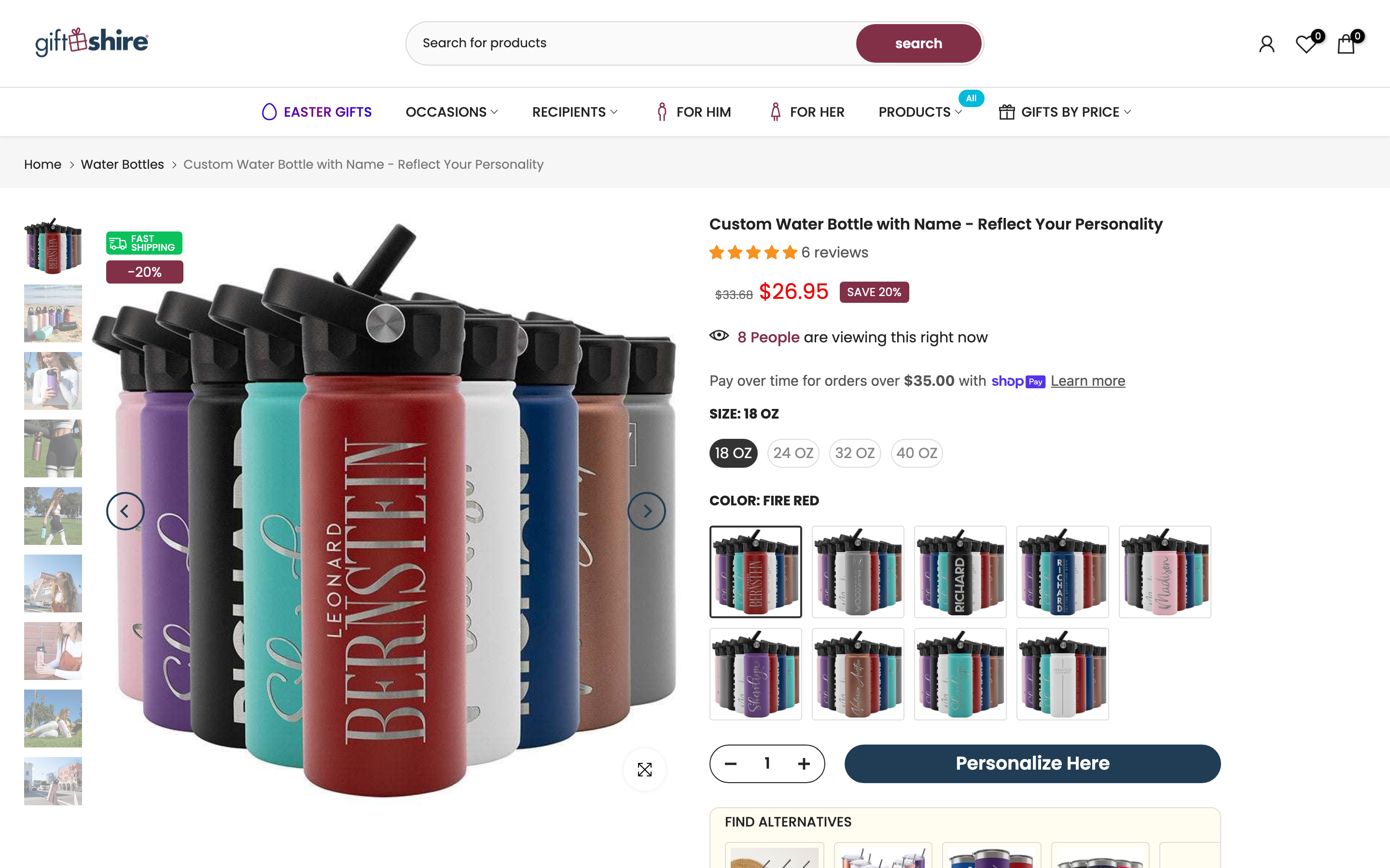 Water Bottles Giftshire page screenshot showing water bottles offerings