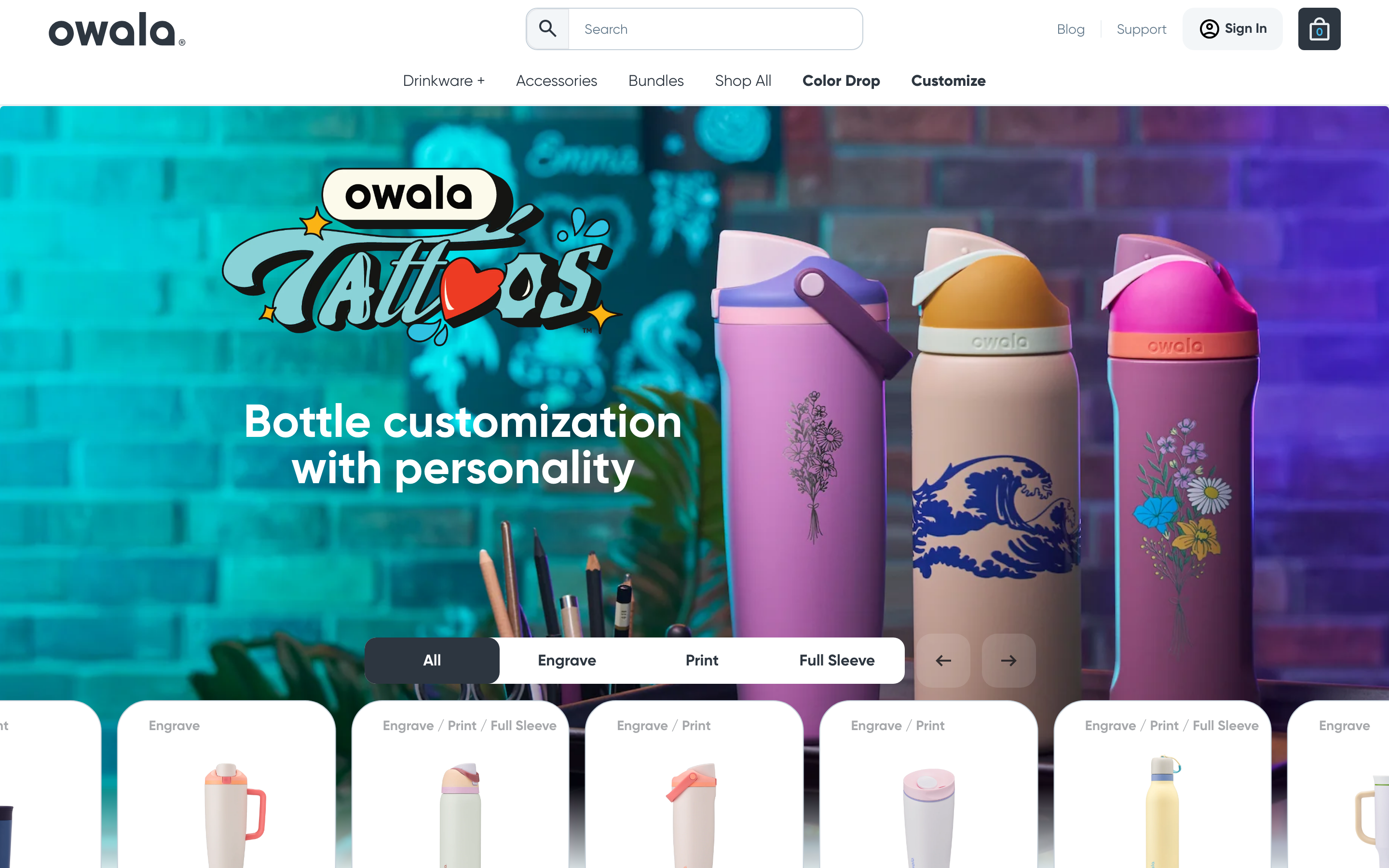 Water Bottles Owalalife Com_Product product page screenshot showing water bottles offerings