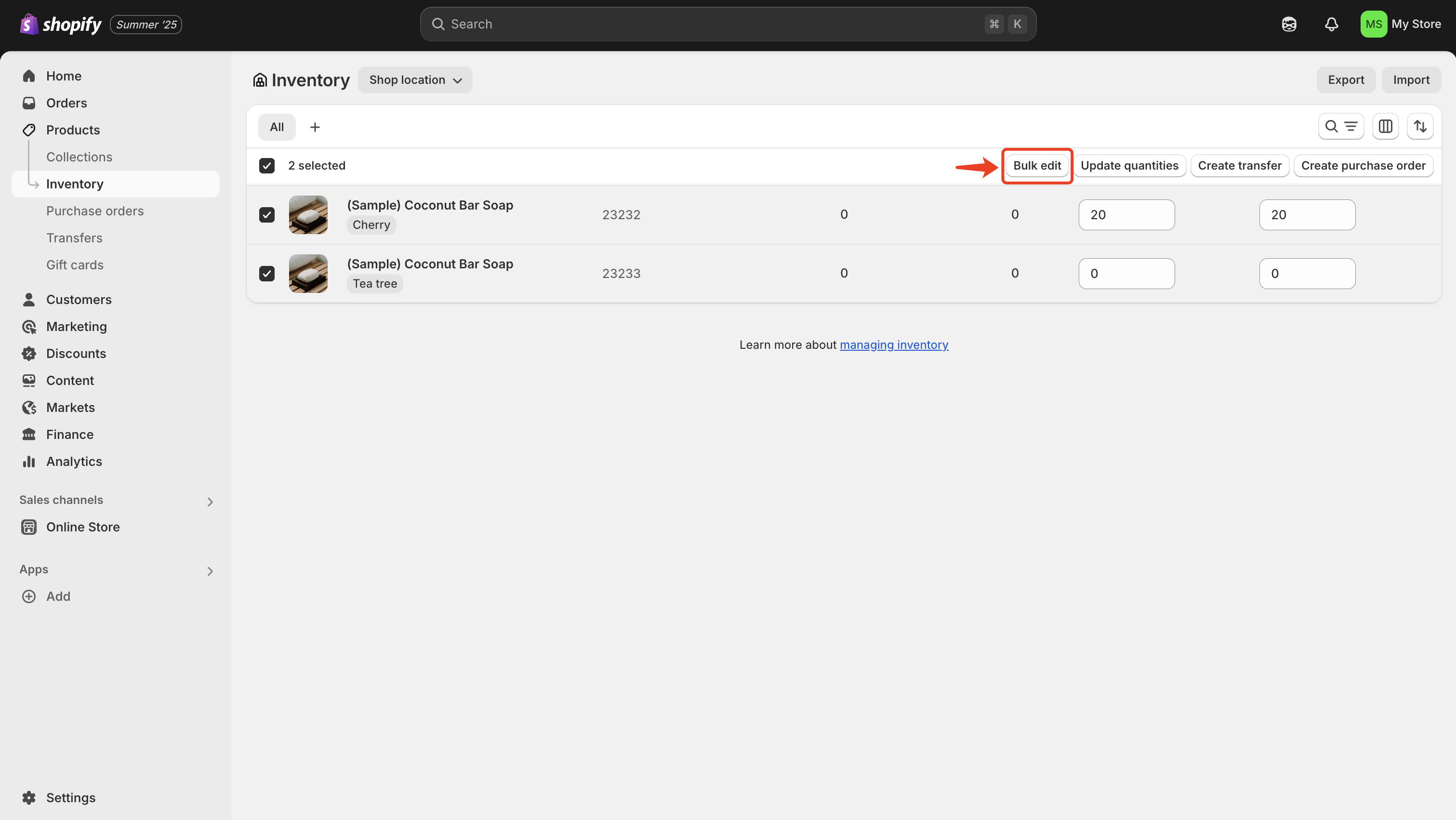 Admin panel > Inventory > Select variants > Bulk edit