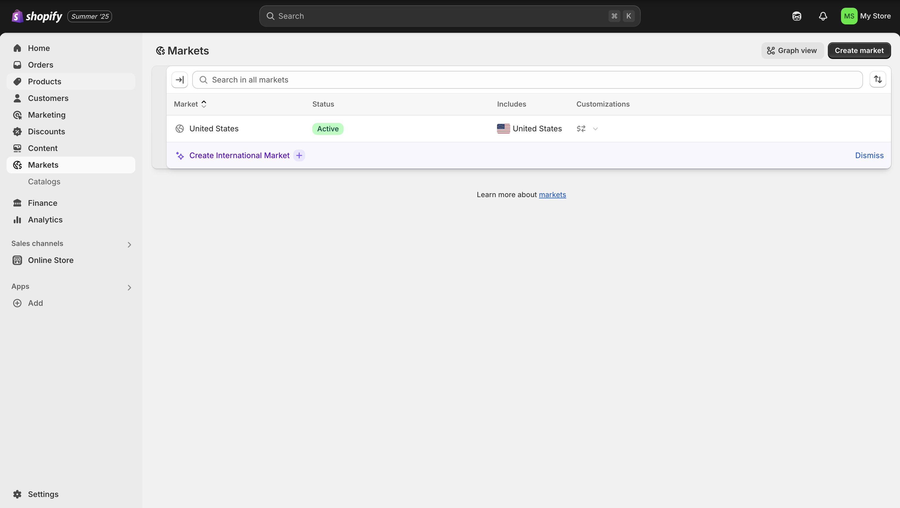 Shopify admin dashboard, go to Settings > Markets