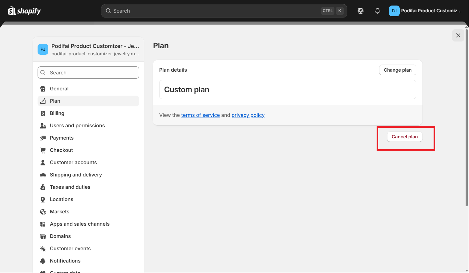 Shopify cancel button