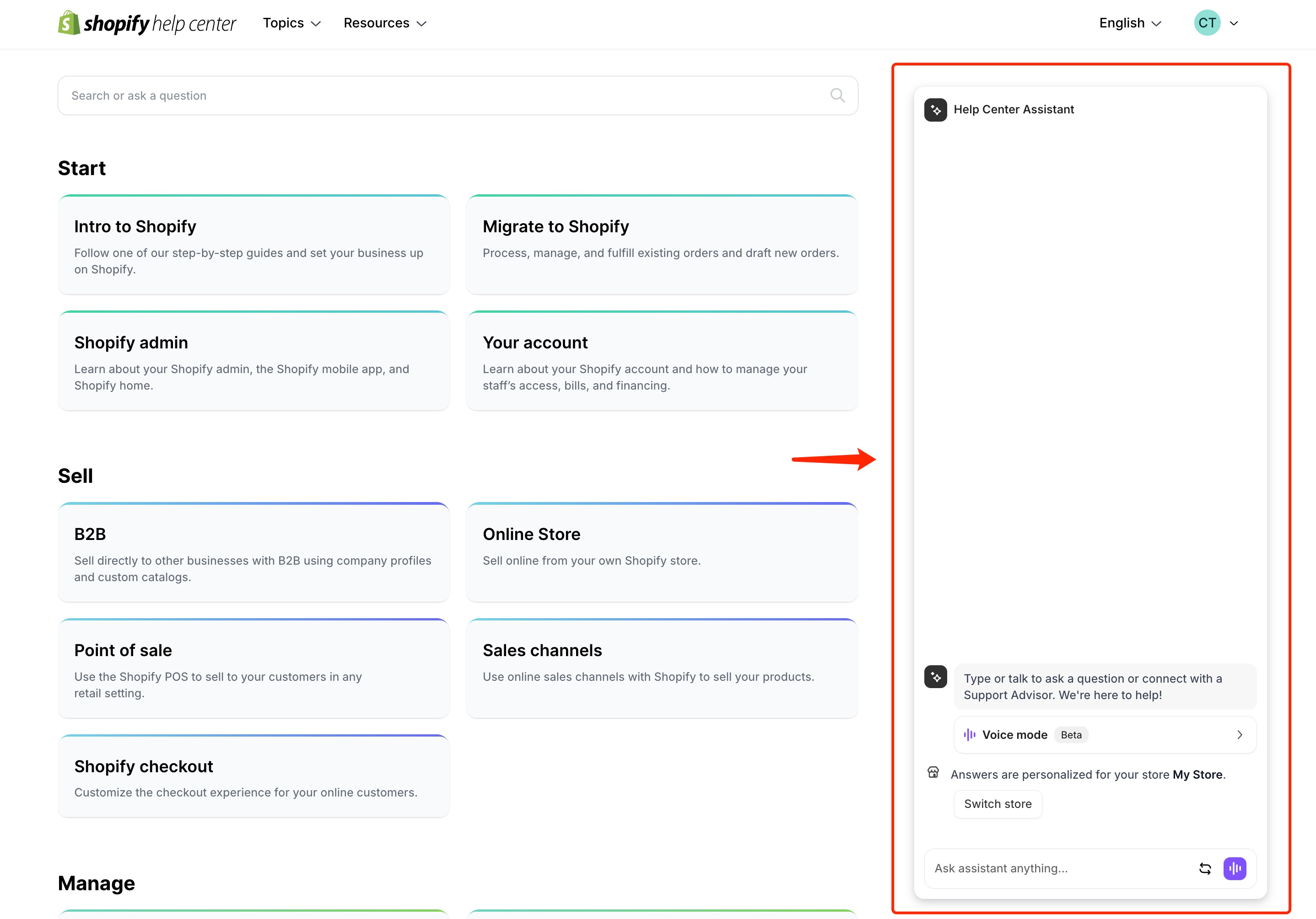 Shopify Help Center page with a red arrow pointing to the Help Center Assistant live chat window in the right side of the whole page.