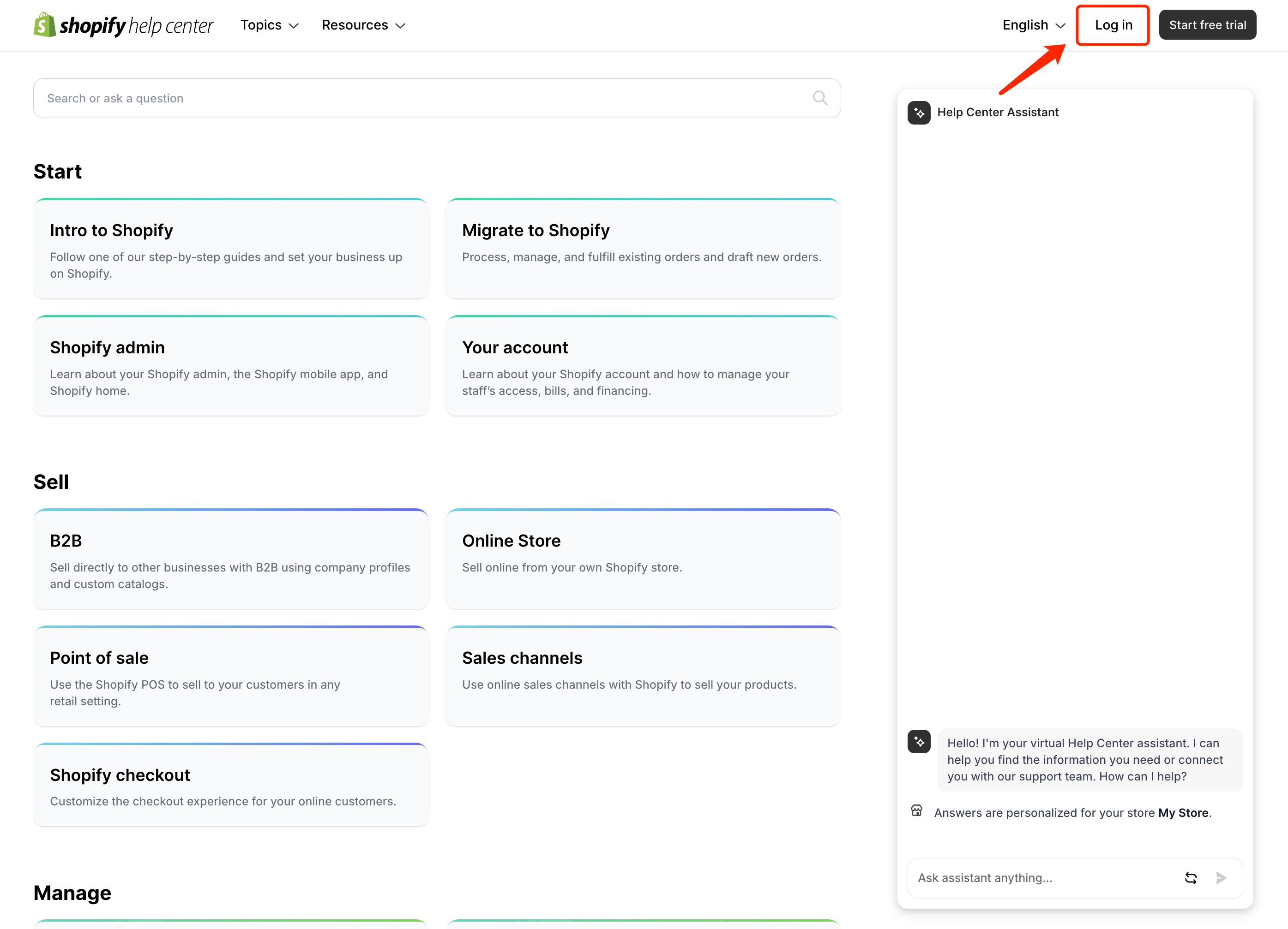 Shopify Help Center page with a red arrow pointing to the login button located in the top right corner.