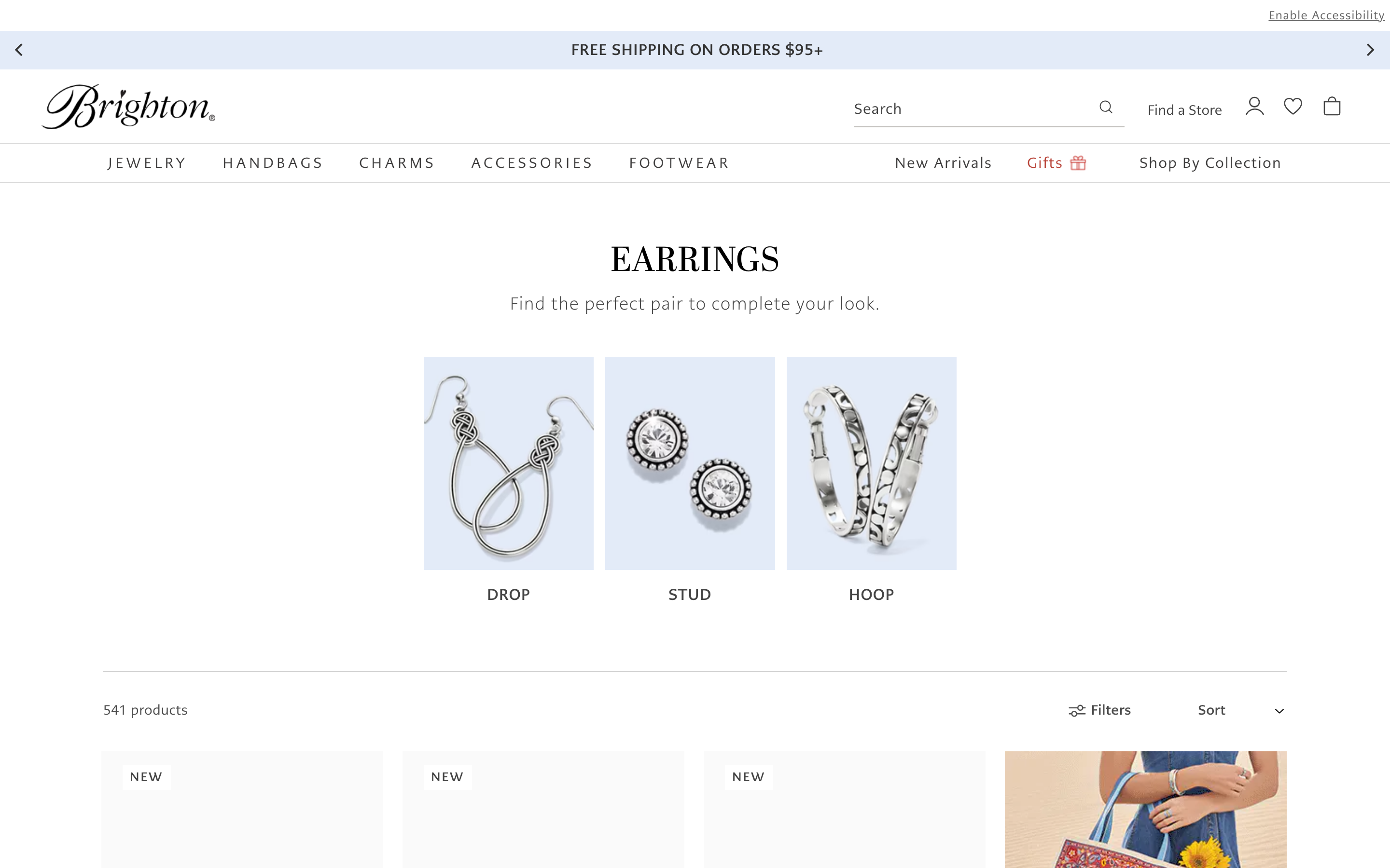 Brighton jewelry store displaying extensive charm-based earring collections and variety options