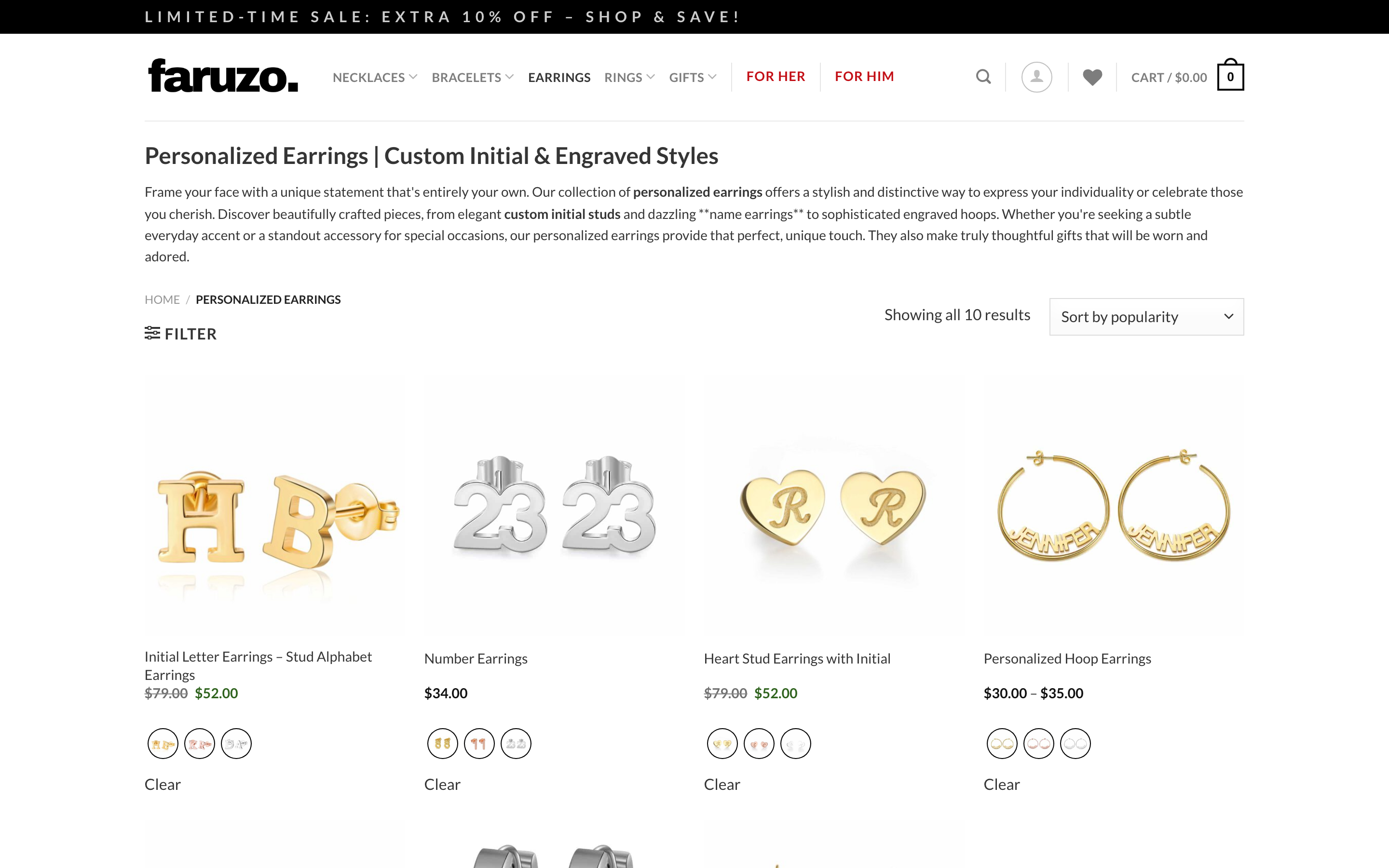 Faruzo name hoop earrings with font selection and custom metal finishes
