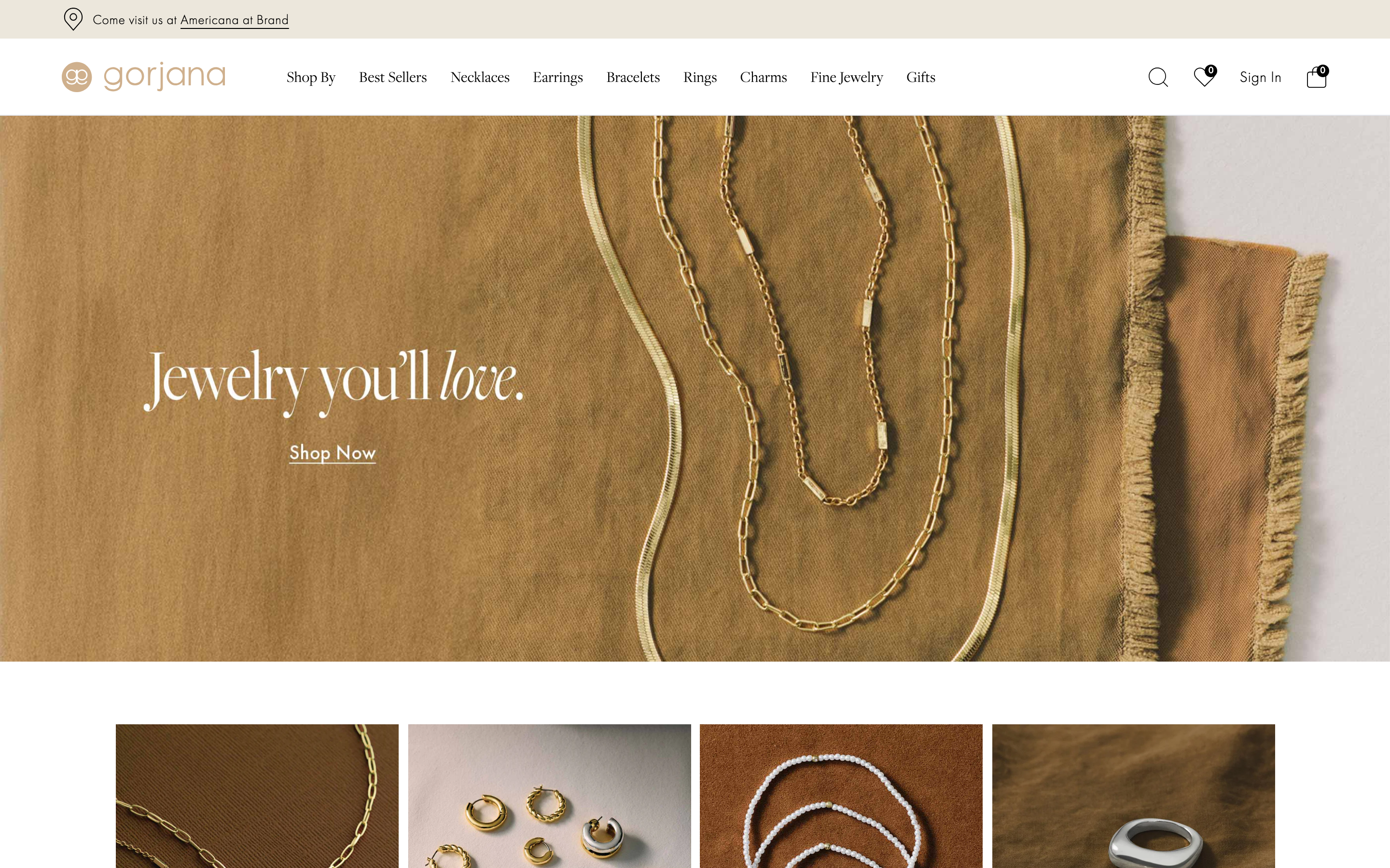 Gorjana California jewelry homepage showing everyday gold layering pieces and charm attachments