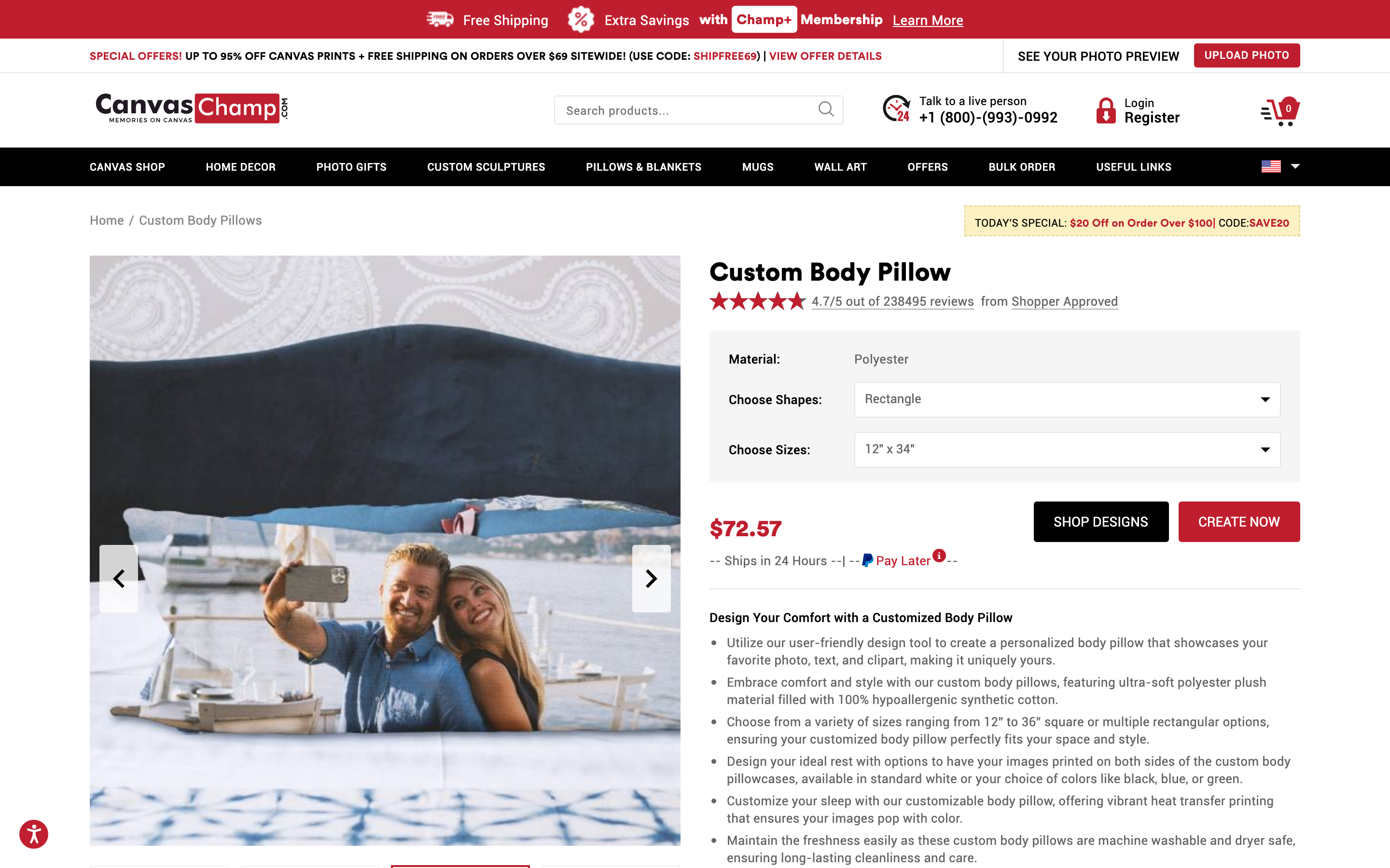 CanvasChamp photo pillow product page featuring collage options, sizing guides, and customer review showcases