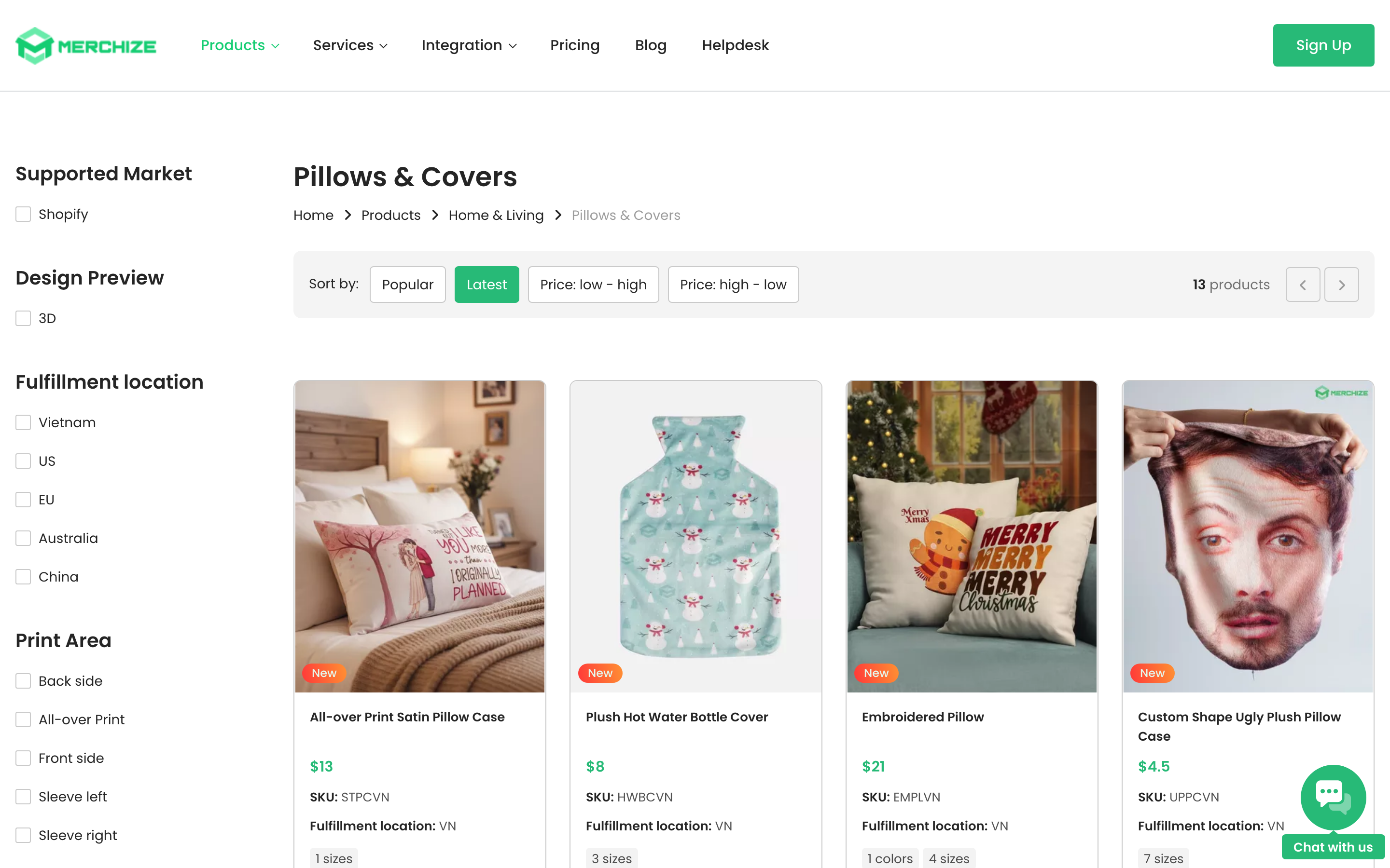 Personalized pillow store interface showing customization options, product previews, and ordering workflow