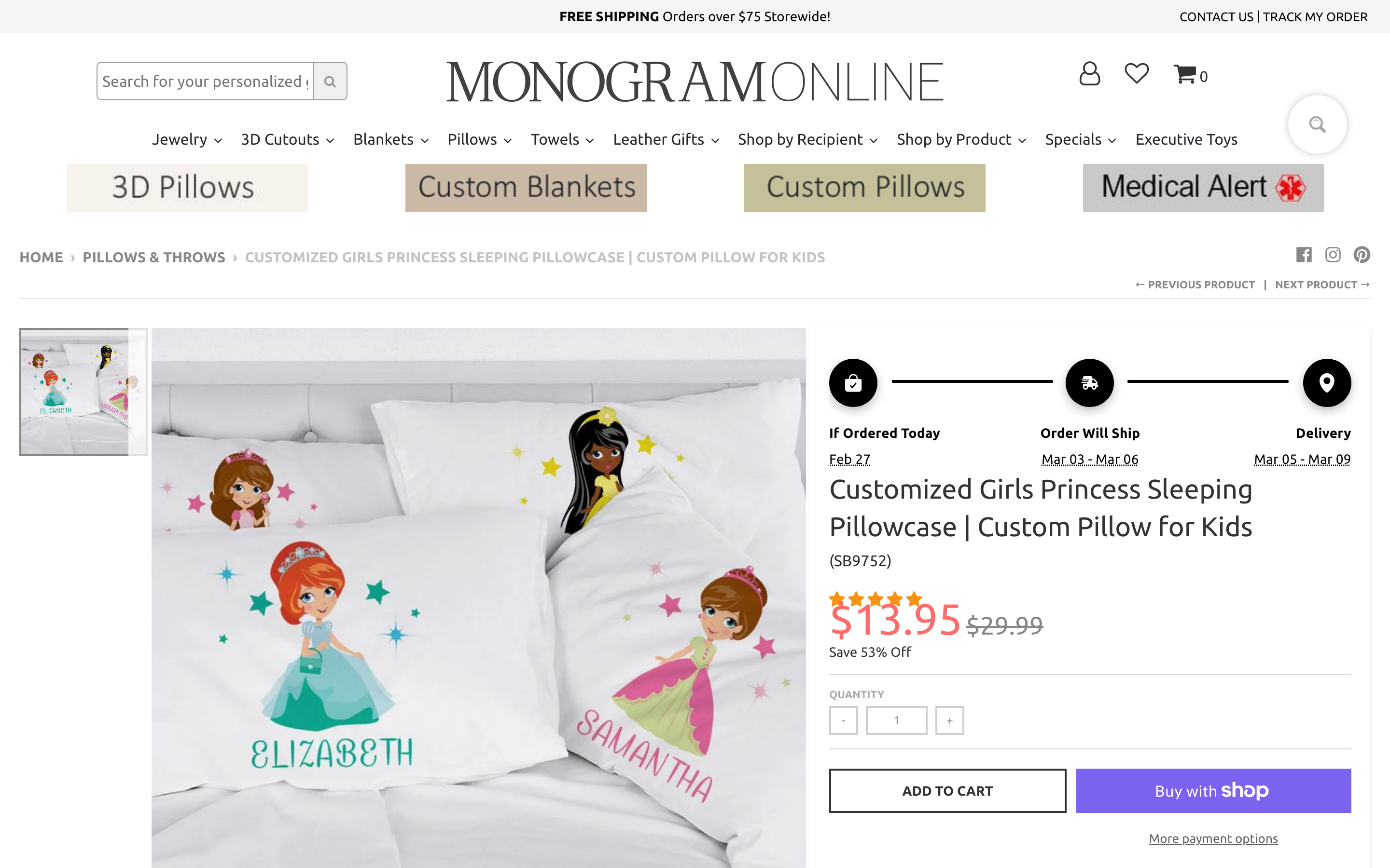 Personalized pillow store interface showing customization options, product previews, and ordering workflow