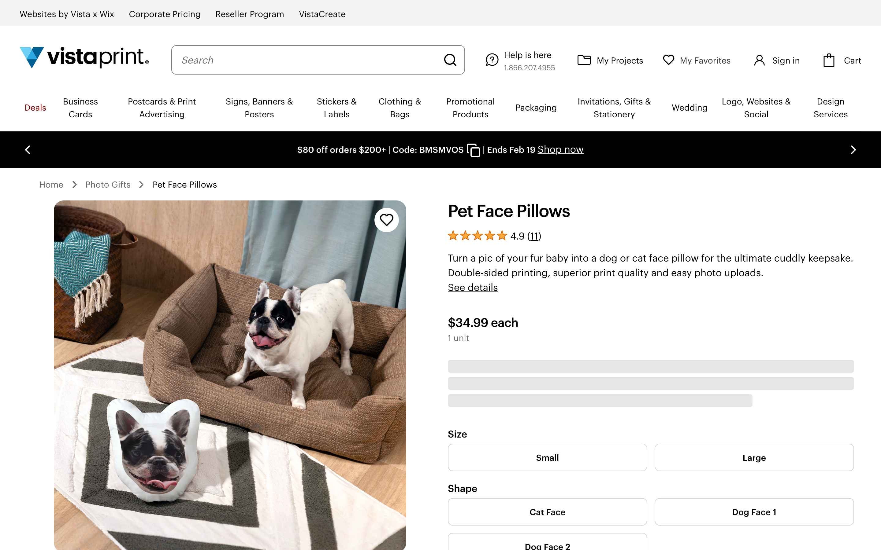 Vistaprint personalized pillow customizer showing photo upload interface and product preview with sizing options