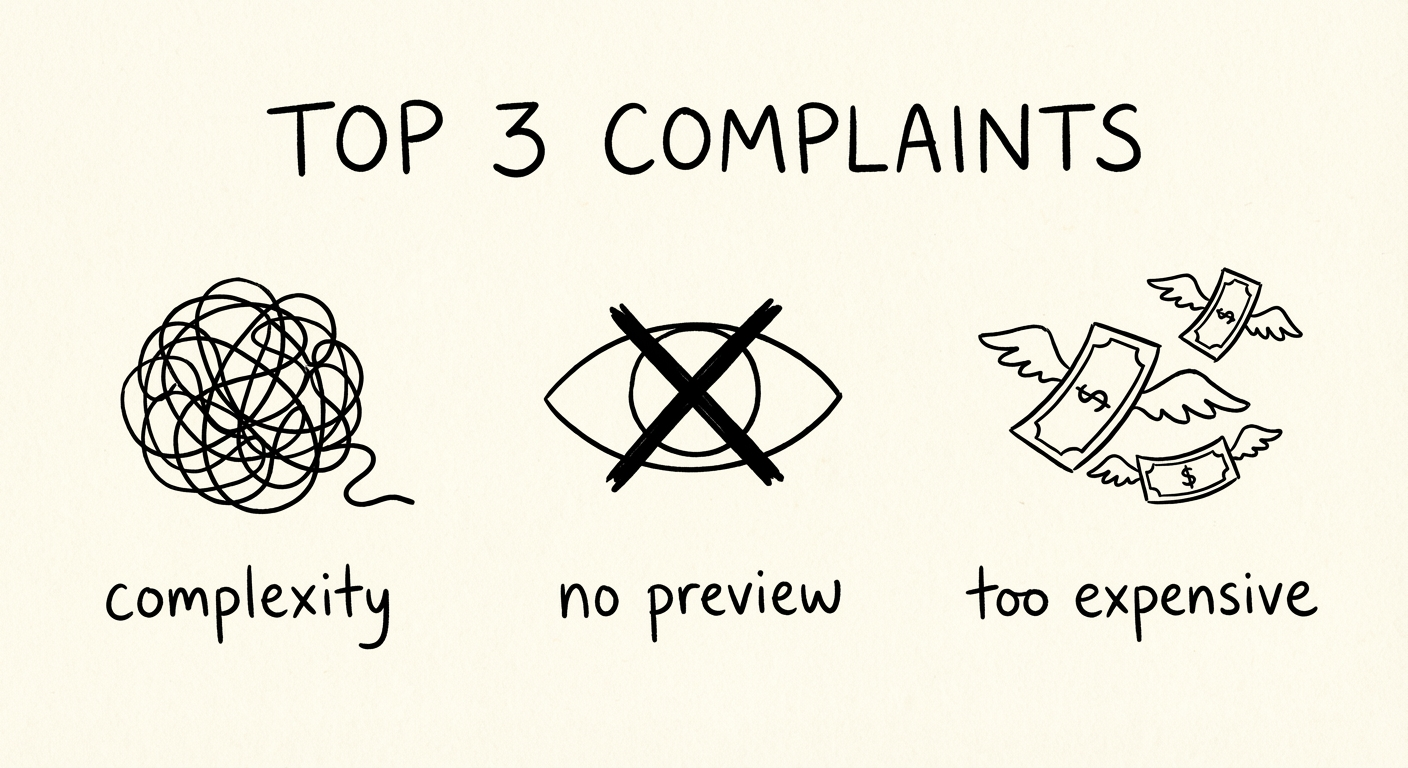 Bar chart showing top complaints about Shopify product customizer apps: complexity leads with 7 merchants, followed by lack of real-time preview and high cost with 5 merchants each