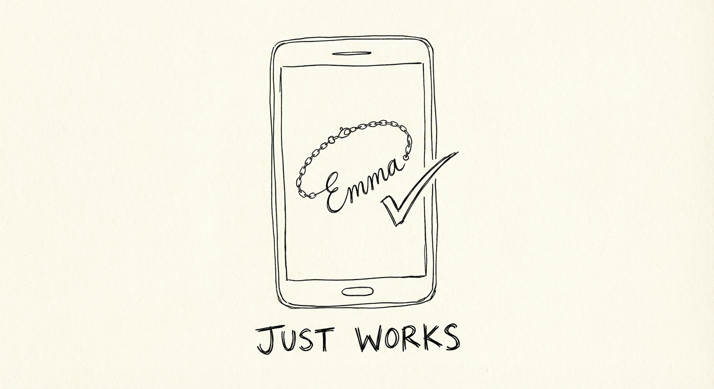 Simple illustration showing a Shopify product customizer interface with the text "Just Works" - emphasizing ease of use over complex features for small merchants